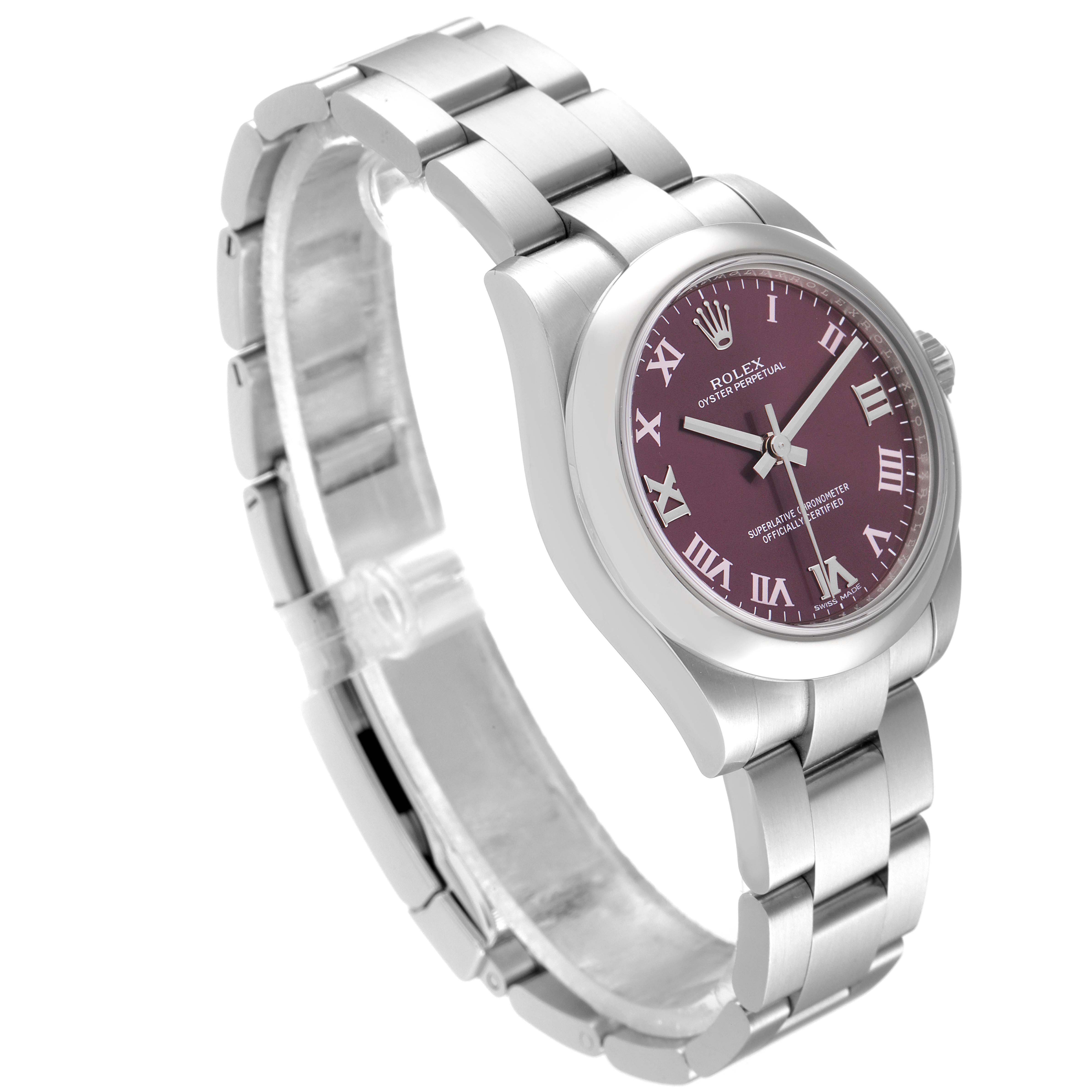 This image shows a Rolex Oyster Perpetual Mid-Size watch, featuring a purple dial with Roman numerals, captured at a three-quarter angle.