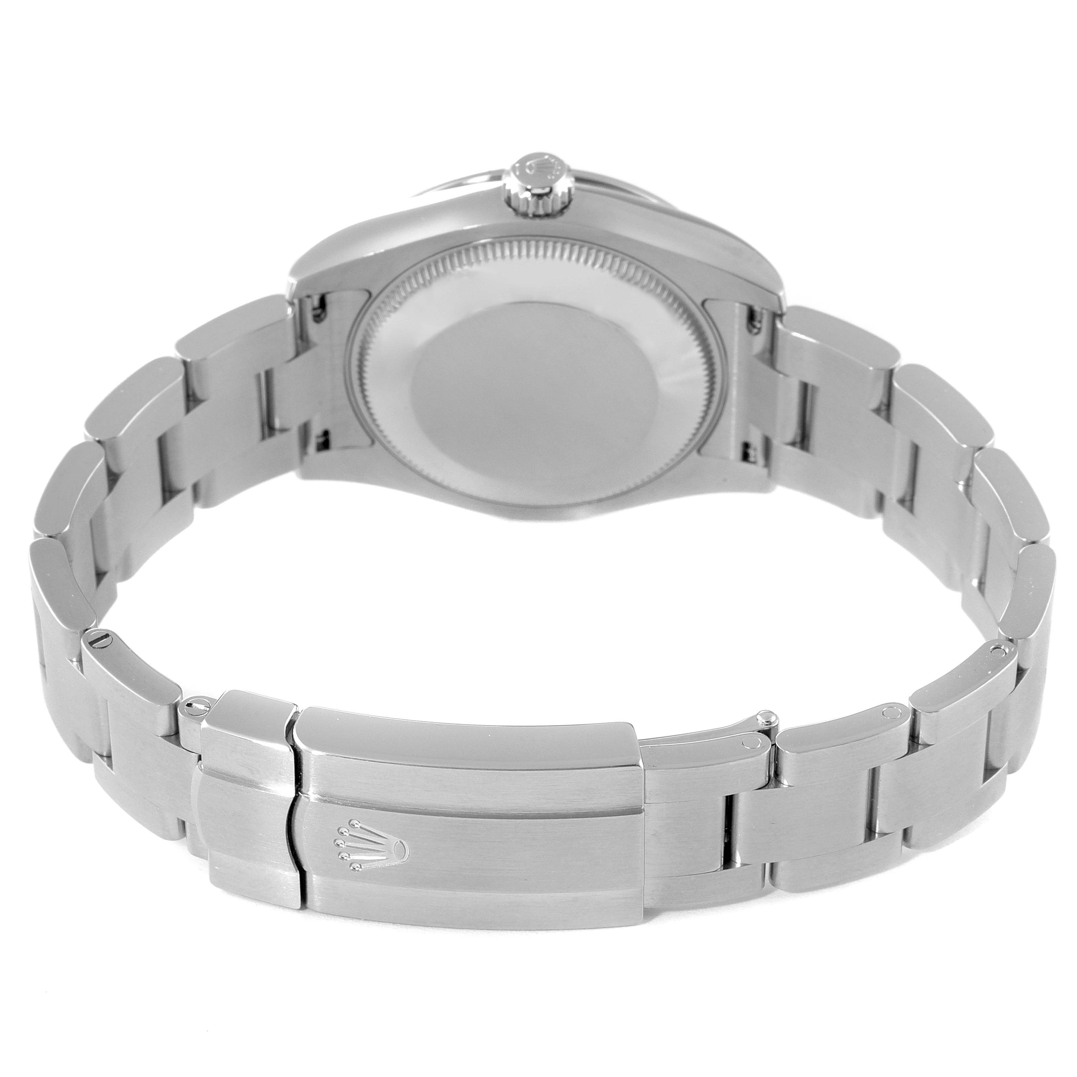 This image shows the back and bracelet of a Rolex Mid-Size 177200 Women's Stainless Steel White Dial 177200 Women's Stainless Steel White Dial watch, highlighting the clasp with the Rolex logo.