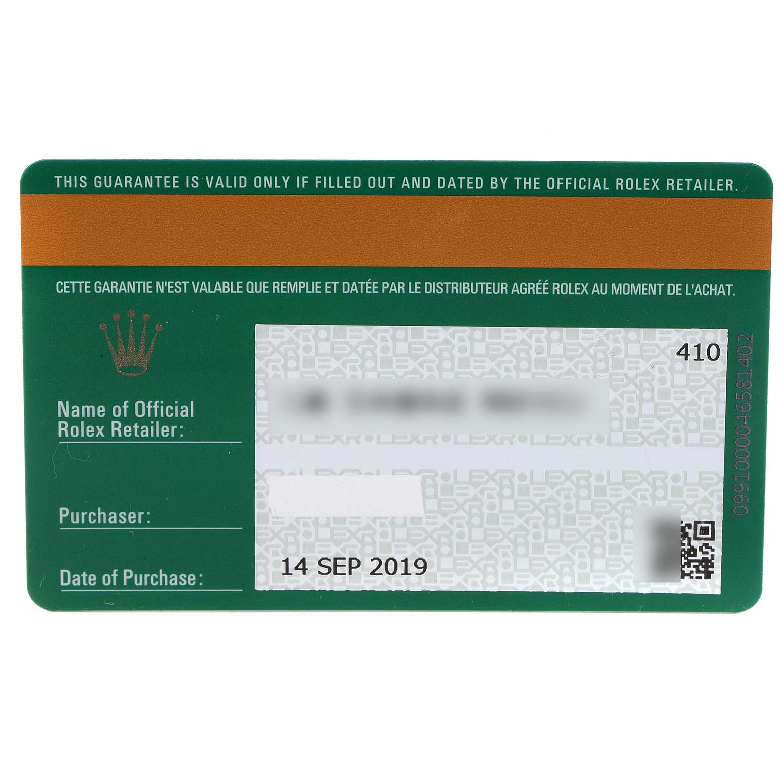 The image shows a guarantee card for a Mid-Size Rolex watch, dated 14 Sep 2019.