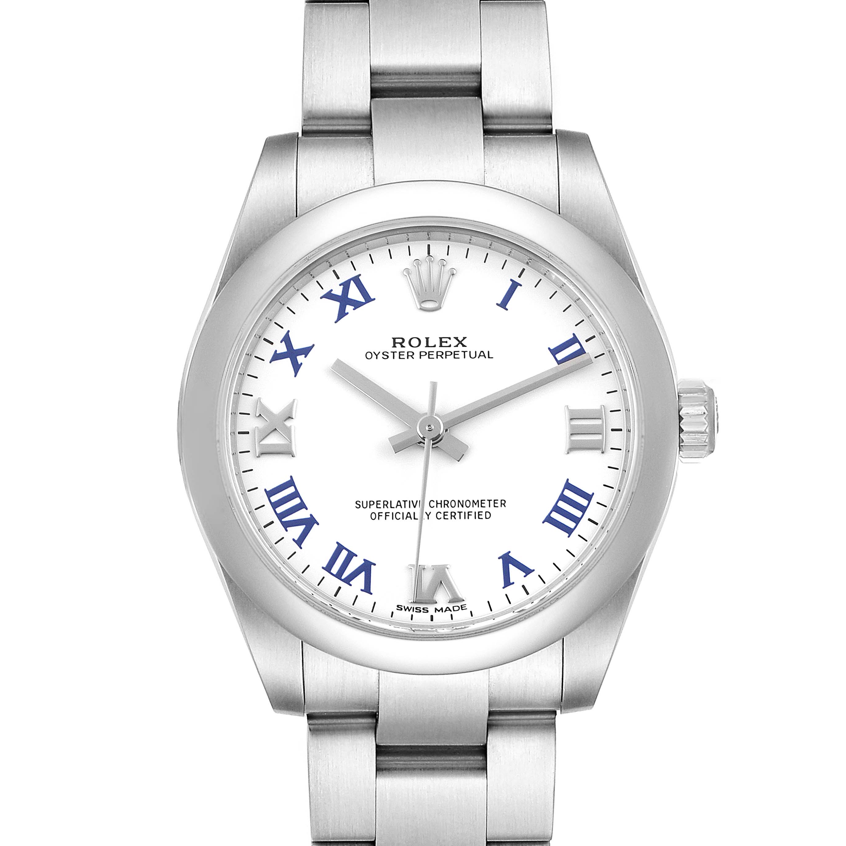 This image shows a front view of the Rolex Mid-Size 177200 Women's Stainless Steel White Dial 177200 Women's Stainless Steel White Dial Oyster Perpetual watch, highlighting its face, bezel, and part of the bracelet.