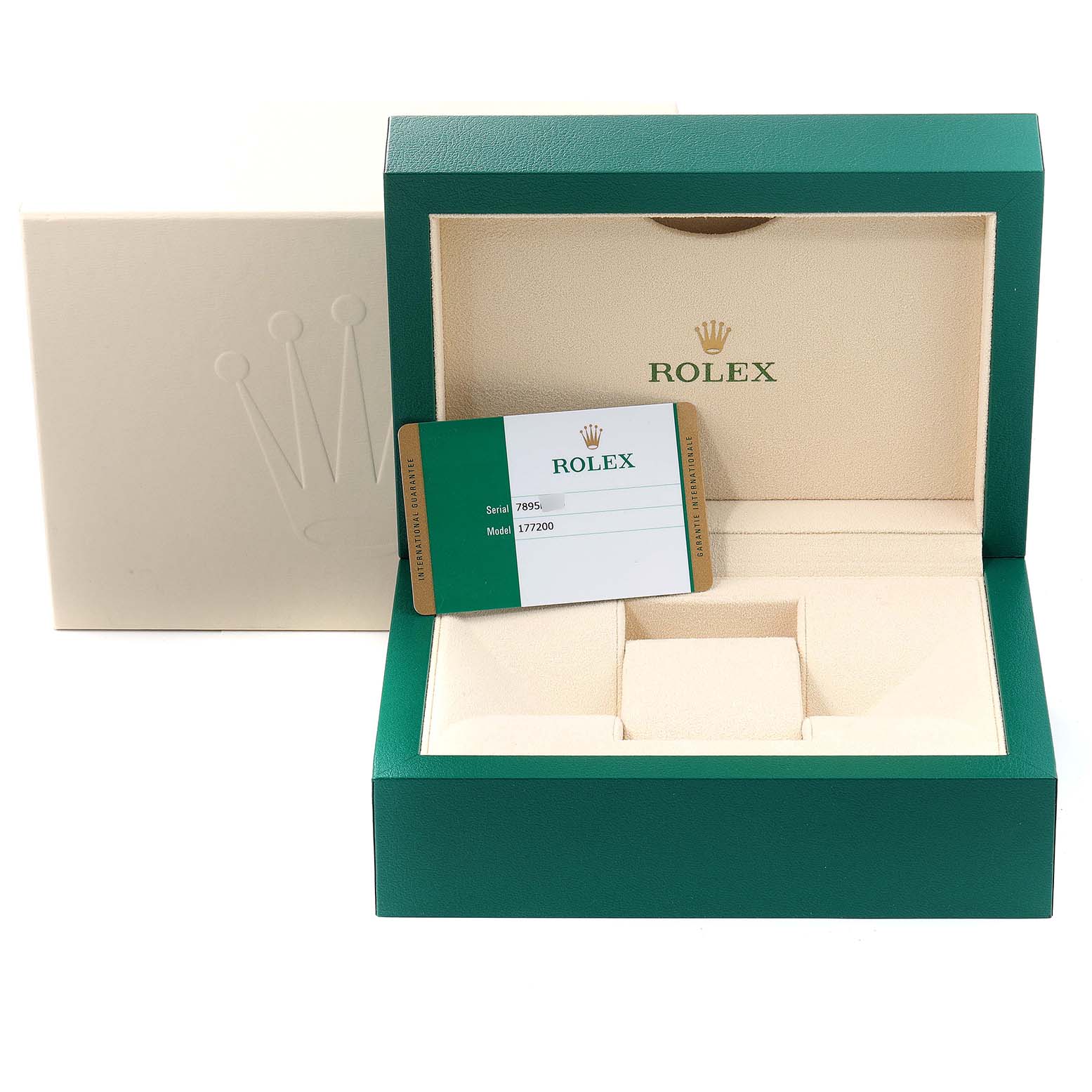 This image shows the packaging and authenticity card for a Rolex Mid-Size 177200 Women's Stainless Steel White Dial 177200 Women's Stainless Steel White Dial model 177200, along with an open watch box.