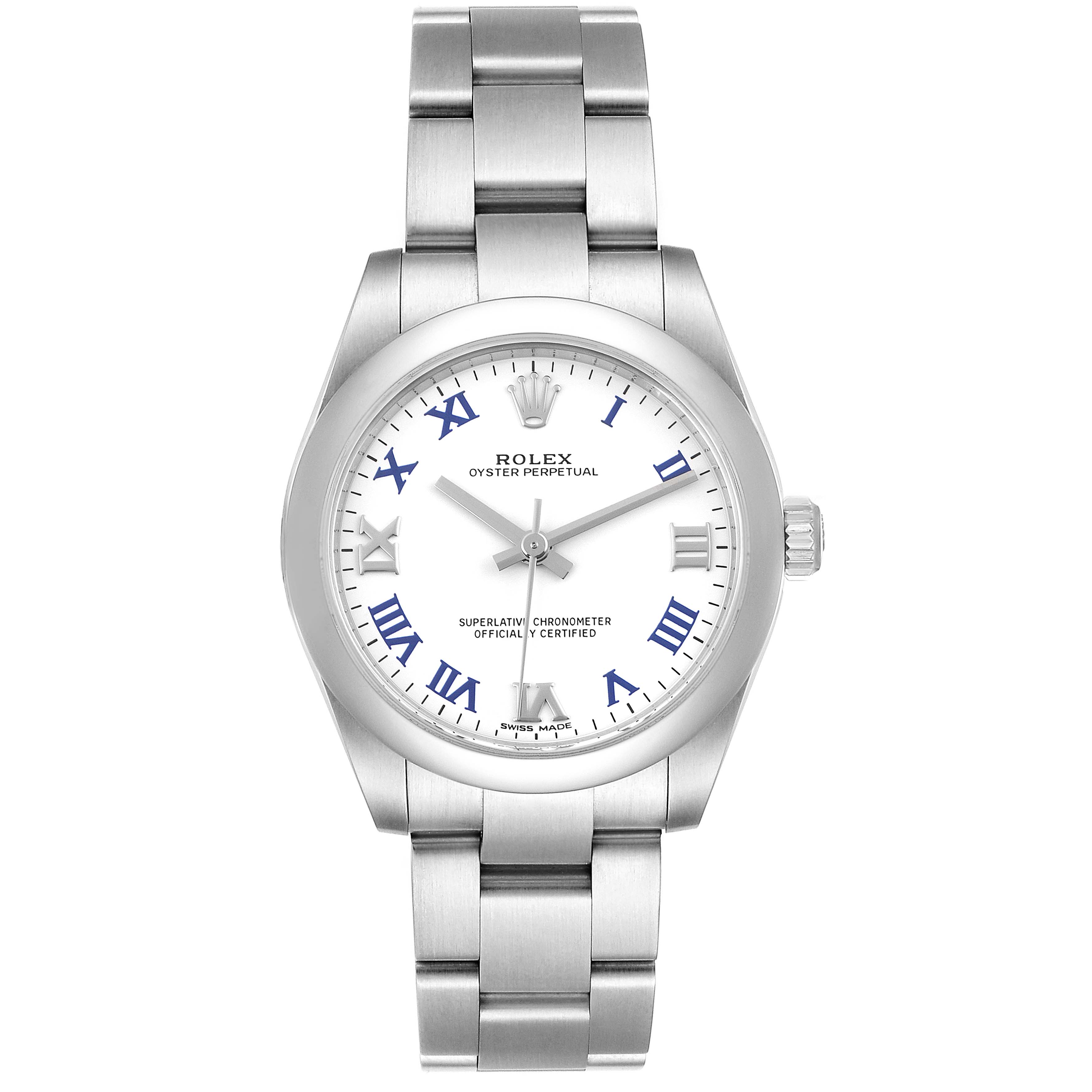 The image shows a front view of the Rolex Mid-Size 177200 Women's Stainless Steel White Dial 177200 Women's Stainless Steel White Dial Oyster Perpetual watch, highlighting its dial, case, and bracelet.