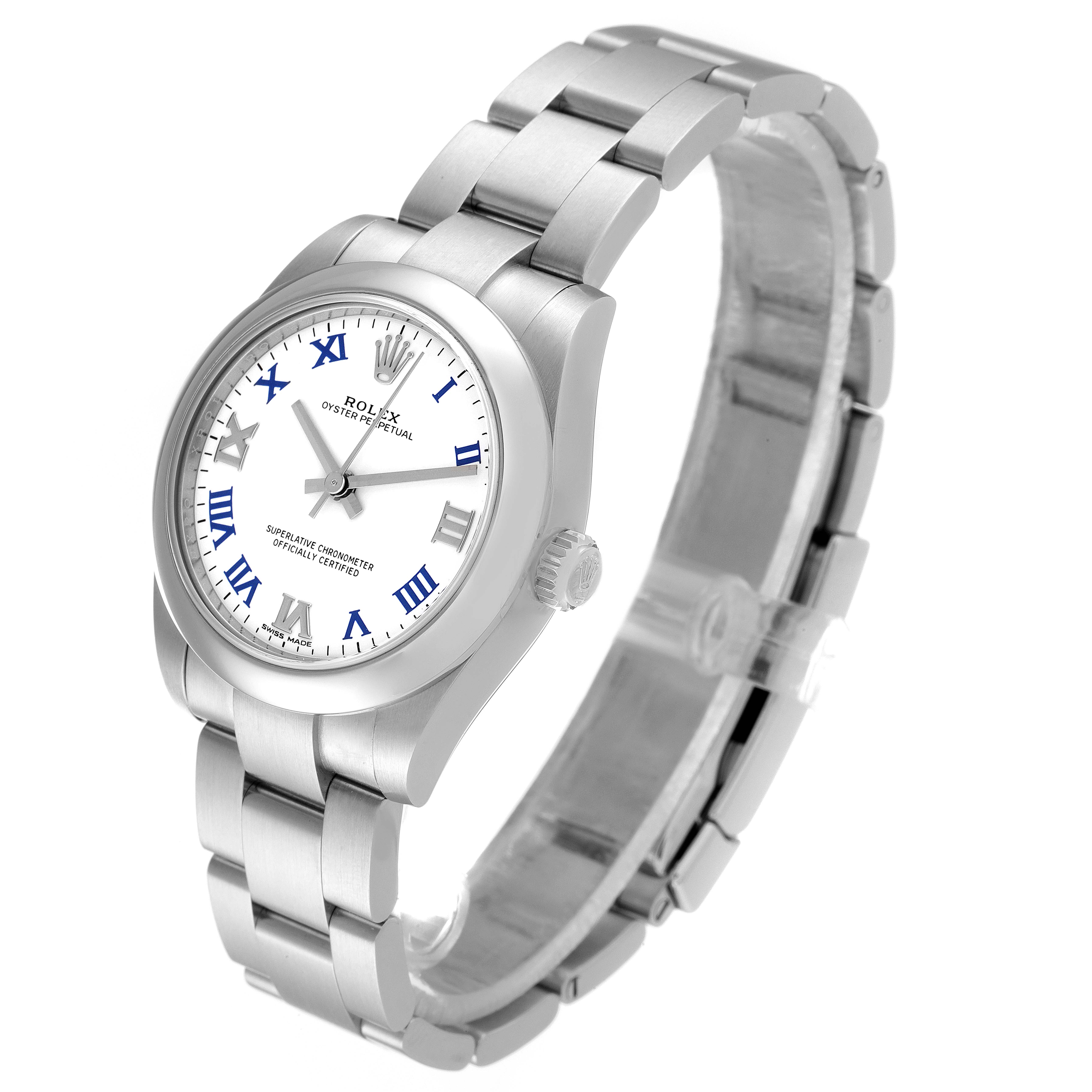 The image shows a Rolex Mid-Size 177200 Women's Stainless Steel White Dial 177200 Women's Stainless Steel White Dial model watch at a slight angle, displaying the face, bezel, crown, and bracelet.