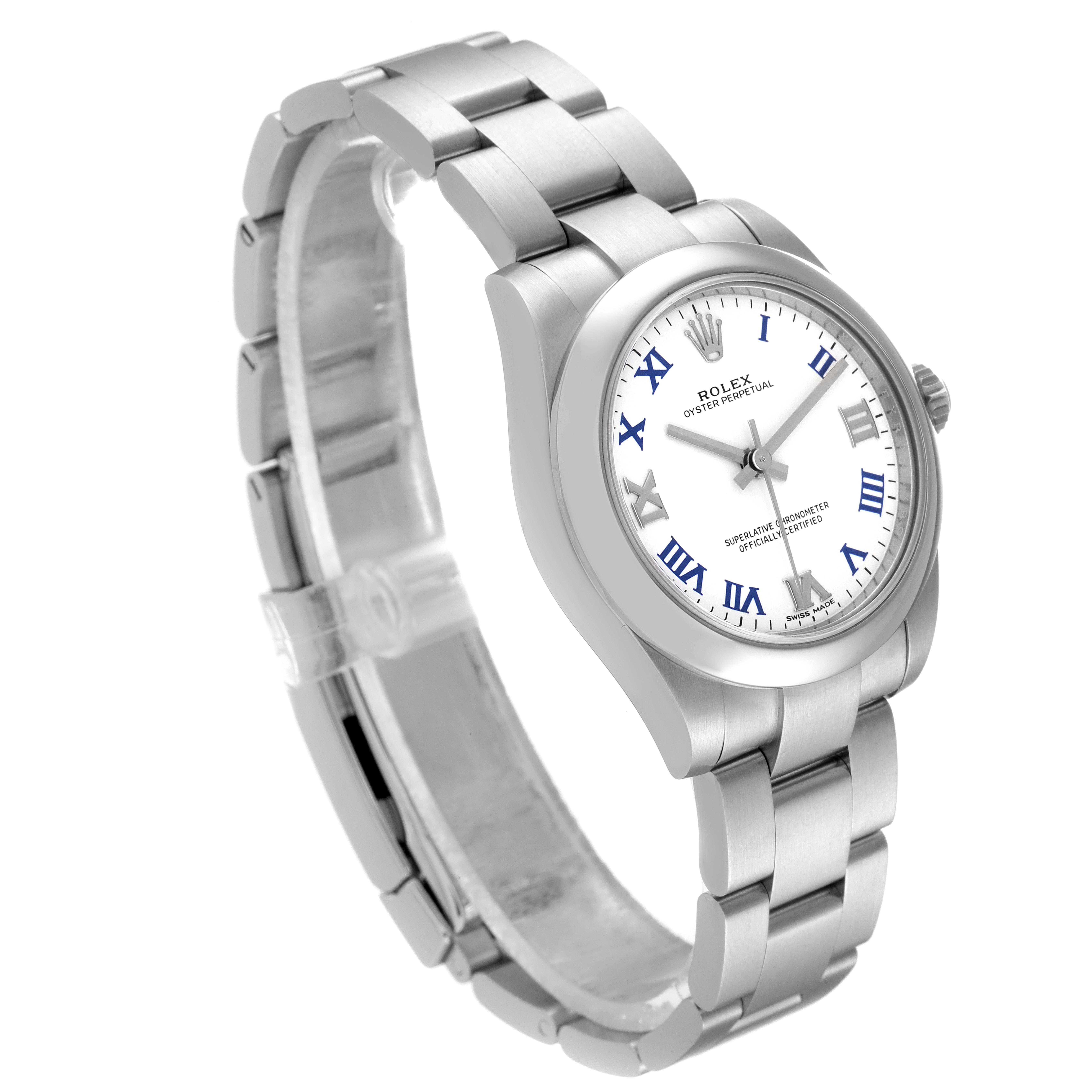The image shows a side angle of the Rolex Mid-Size 177200 Women's Stainless Steel White Dial 177200 Women's Stainless Steel White Dial model watch, highlighting its face, bezel, and bracelet.