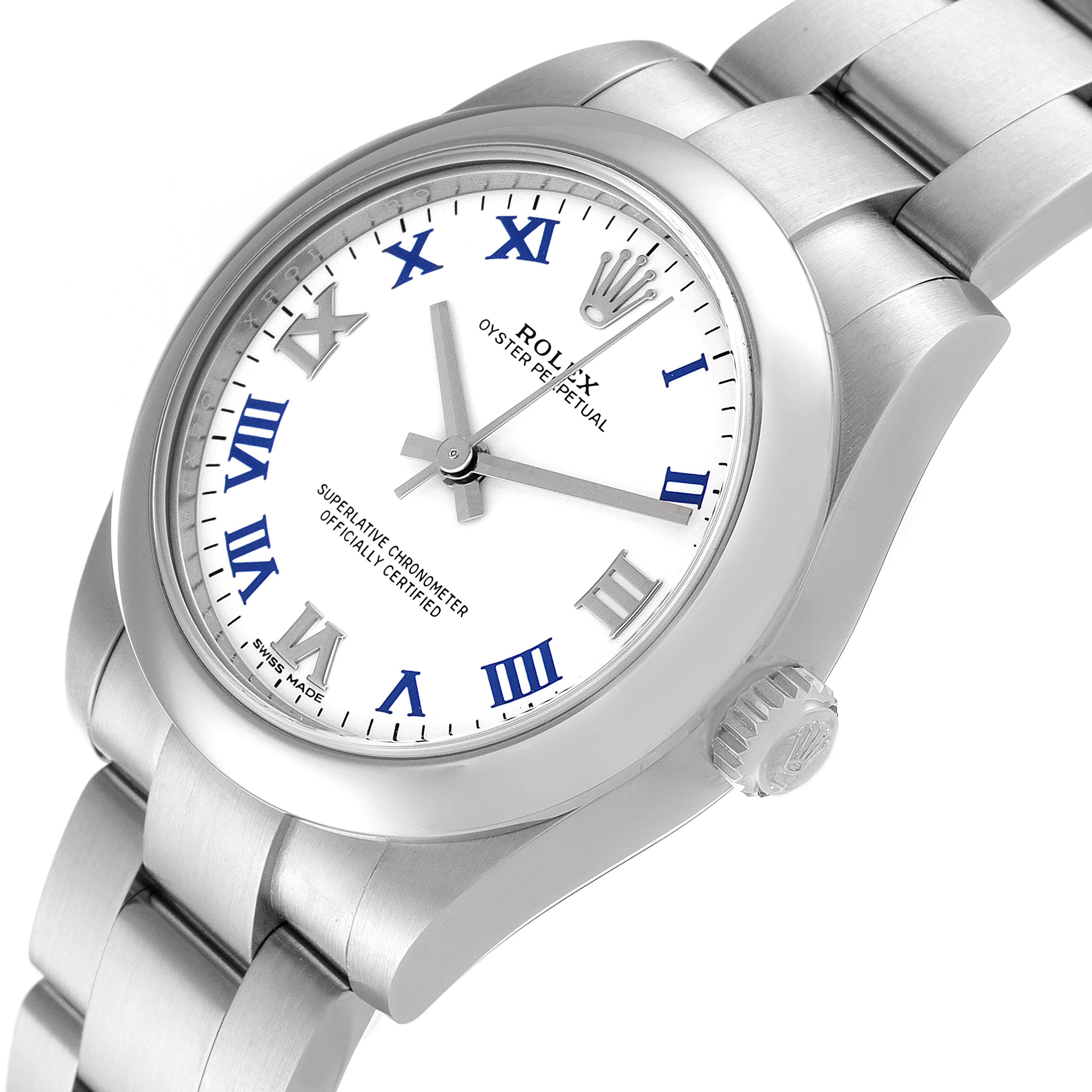 This image shows a side-angle view of the Rolex Mid-Size 177200 Women's Stainless Steel White Dial 177200 Women's Stainless Steel White Dial Oyster Perpetual watch including the bracelet, crown, and dial.