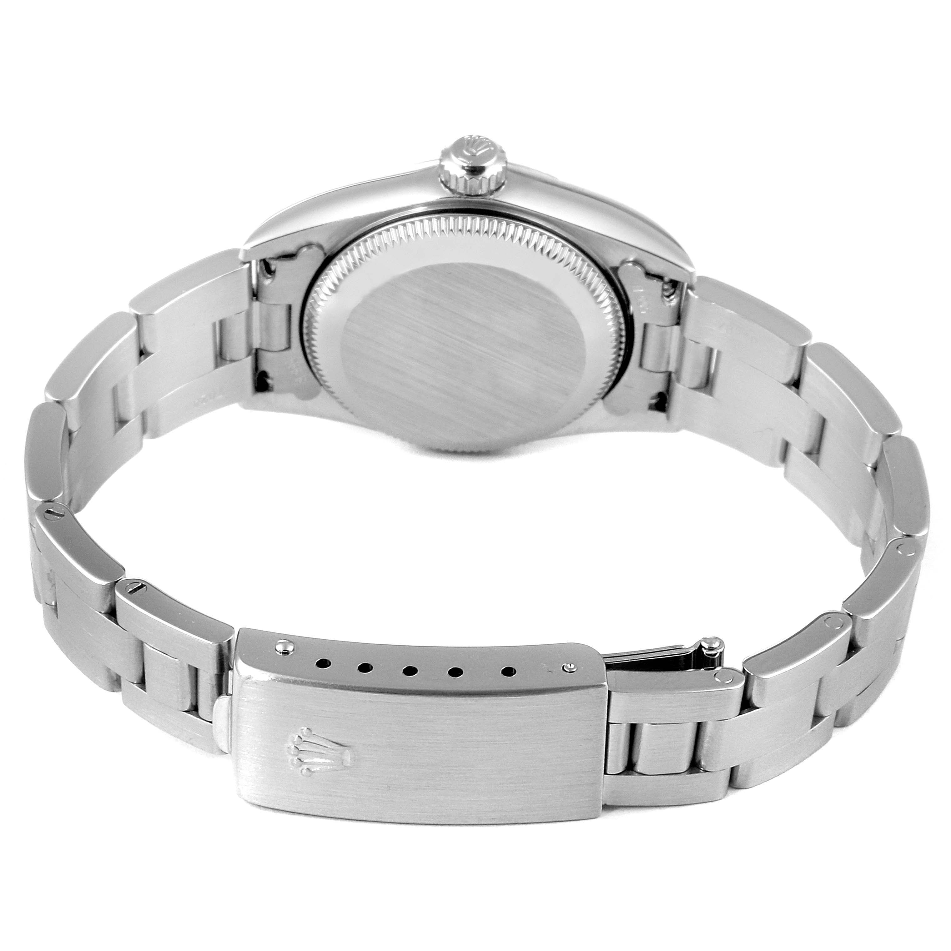 The image shows the back view of a Rolex Oyster Perpetual 76030 Women's Stainless Steel Pink Dial 76030 Women's Stainless Steel Pink Dial watch, highlighting the bracelet and clasp.