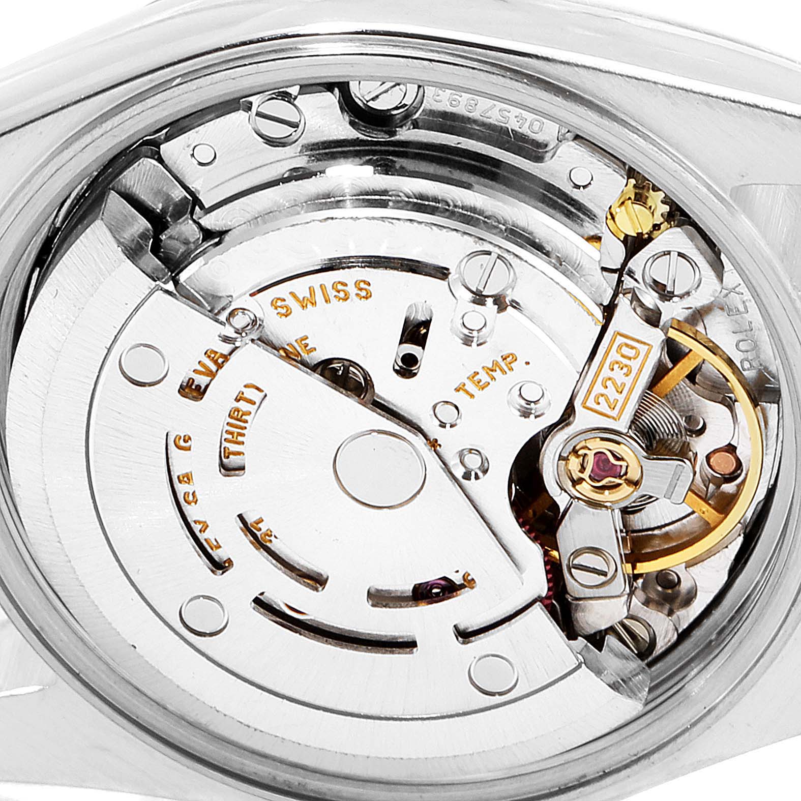 The image shows the internal mechanical components of a Rolex Oyster Perpetual 76030 Women's Stainless Steel Pink Dial 76030 Women's Stainless Steel Pink Dial watch, viewed from the back.