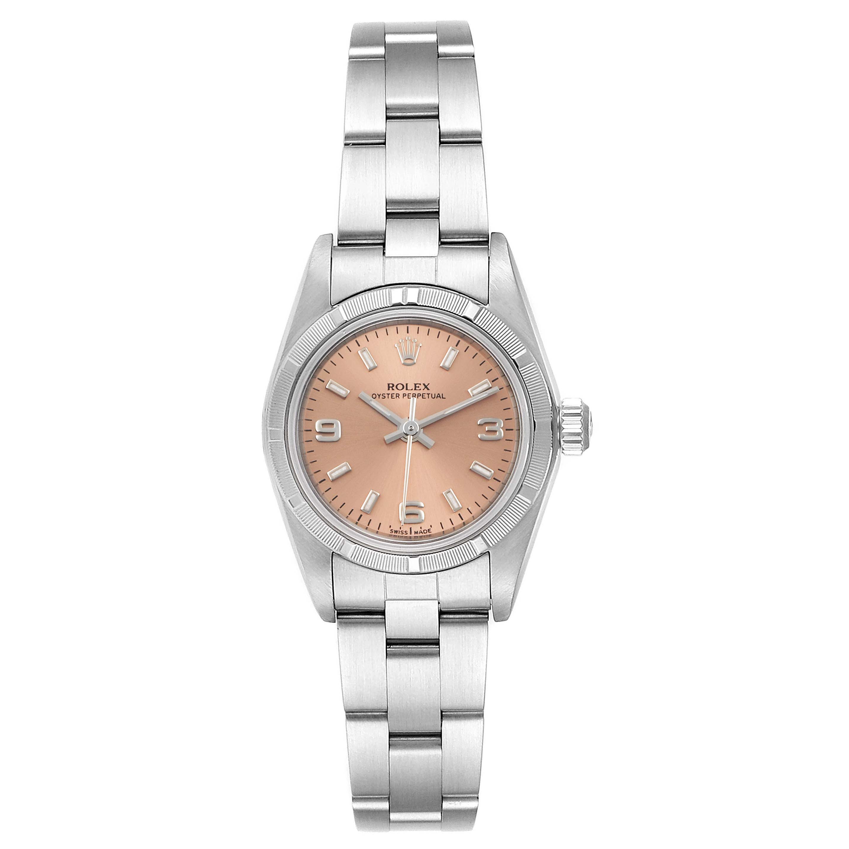 This image shows a full frontal view of a Rolex Oyster Perpetual 76030 Women's Stainless Steel Pink Dial 76030 Women's Stainless Steel Pink Dial watch featuring its case, bracelet, and dial.