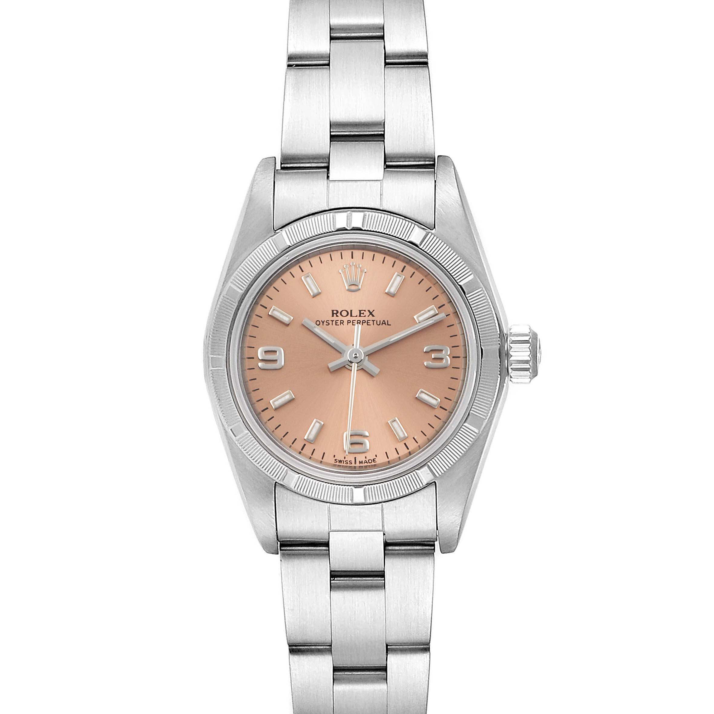 The image shows a front view of a Rolex Oyster Perpetual 76030 Women's Stainless Steel Pink Dial 76030 Women's Stainless Steel Pink Dial watch with a pink dial and silver bracelet.
