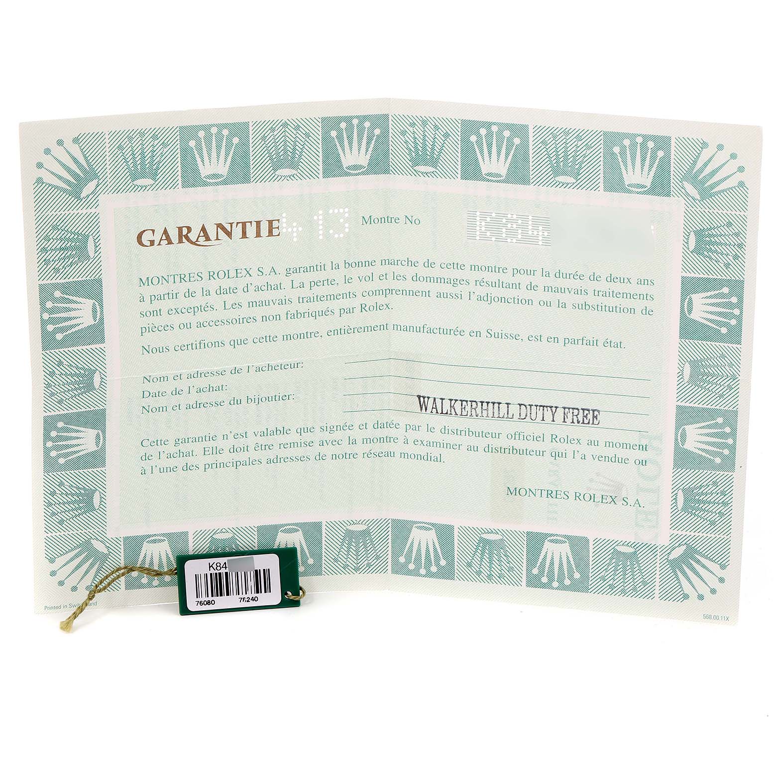 The image shows a warranty certificate and tag for the Rolex Oyster Perpetual 76080 Women's Stainless Steel Silver Dial 76080 Women's Stainless Steel Silver Dial watch.