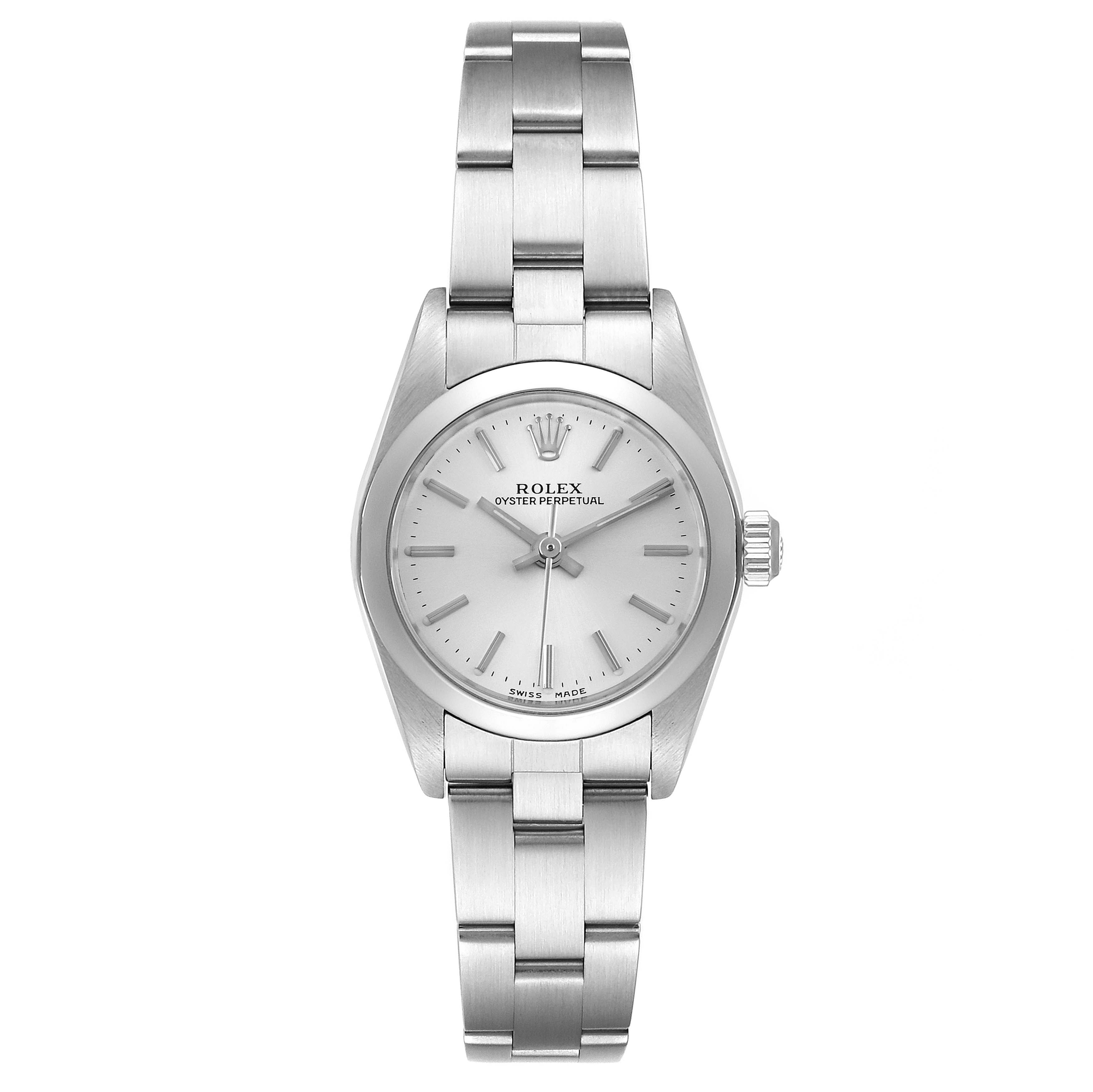 This image shows a front view of a Rolex Oyster Perpetual 76080 Women's Stainless Steel Silver Dial 76080 Women's Stainless Steel Silver Dial watch, displaying its dial, bezel, and bracelet.