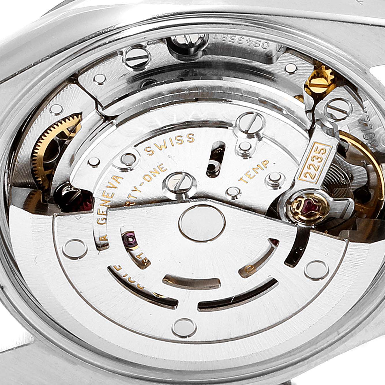 This image shows the internal mechanical movement of a Rolex Oyster Perpetual 76080 Women's Stainless Steel Silver Dial 76080 Women's Stainless Steel Silver Dial watch from a close-up angle.