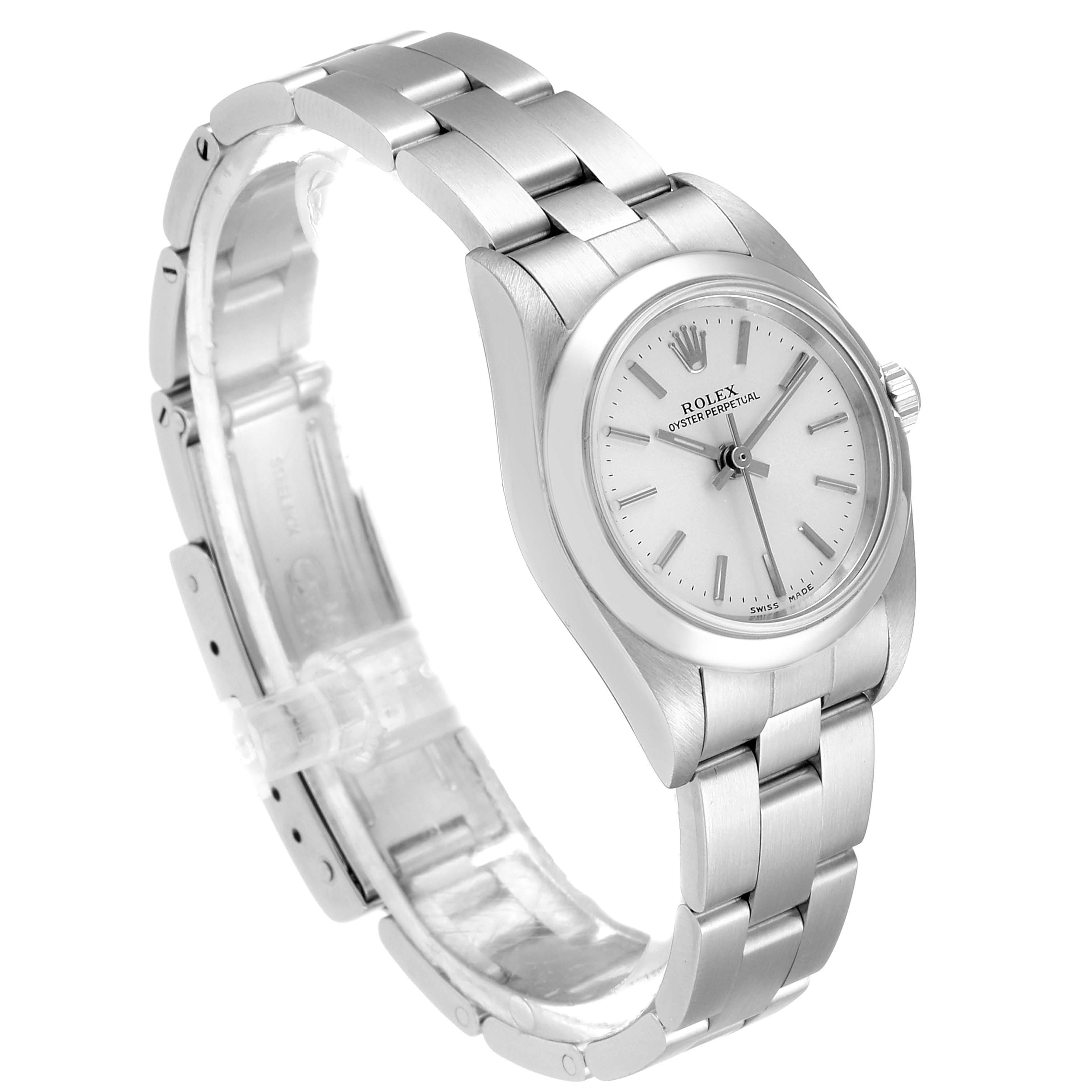 The Rolex Oyster Perpetual 76080 Women's Stainless Steel Silver Dial 76080 Women's Stainless Steel Silver Dial watch is shown at a three-quarter angle, highlighting the stainless steel bracelet, case, and white dial.