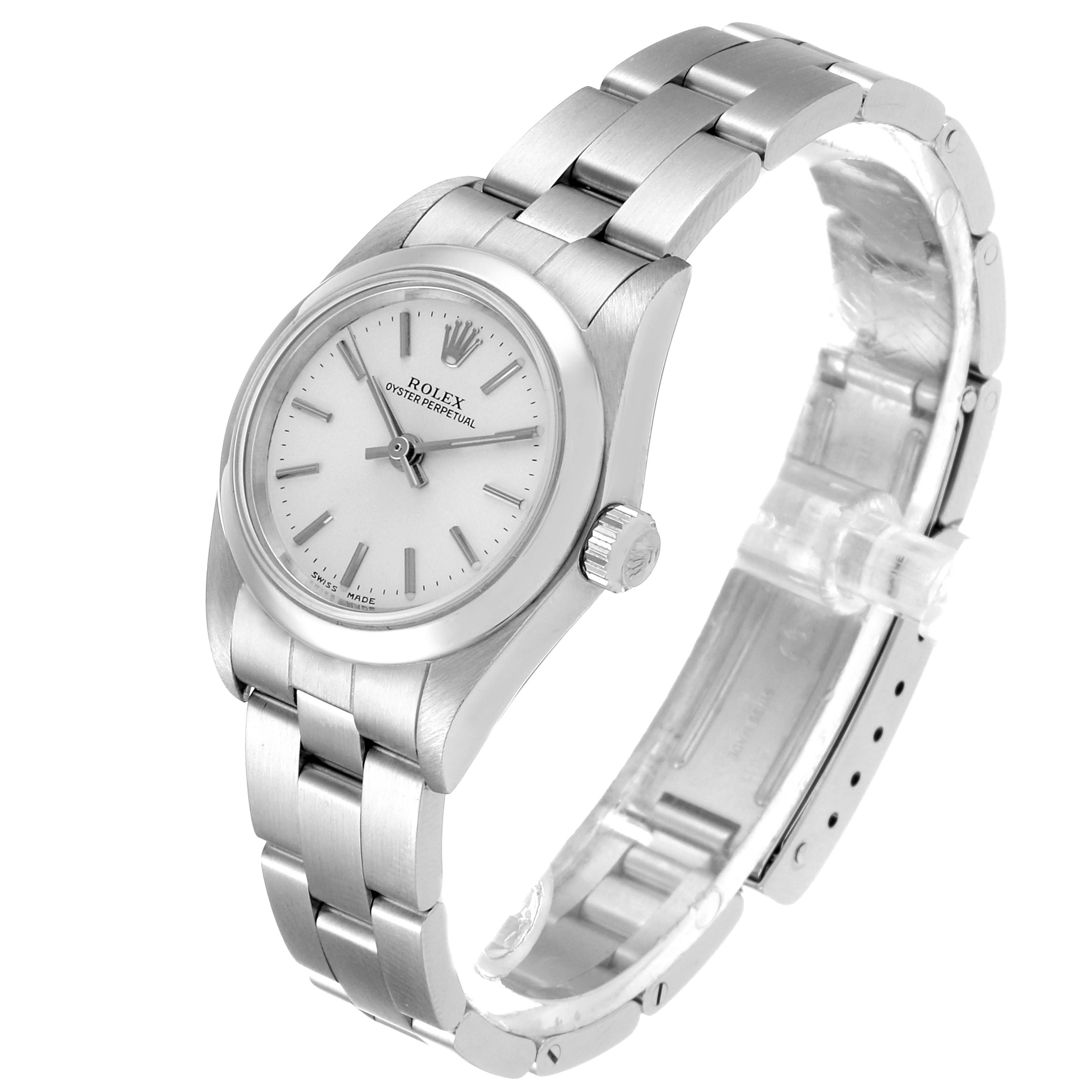 The image shows a three-quarter view of a Rolex Oyster Perpetual 76080 Women's Stainless Steel Silver Dial 76080 Women's Stainless Steel Silver Dial watch, displaying the dial, crown, and metal bracelet.