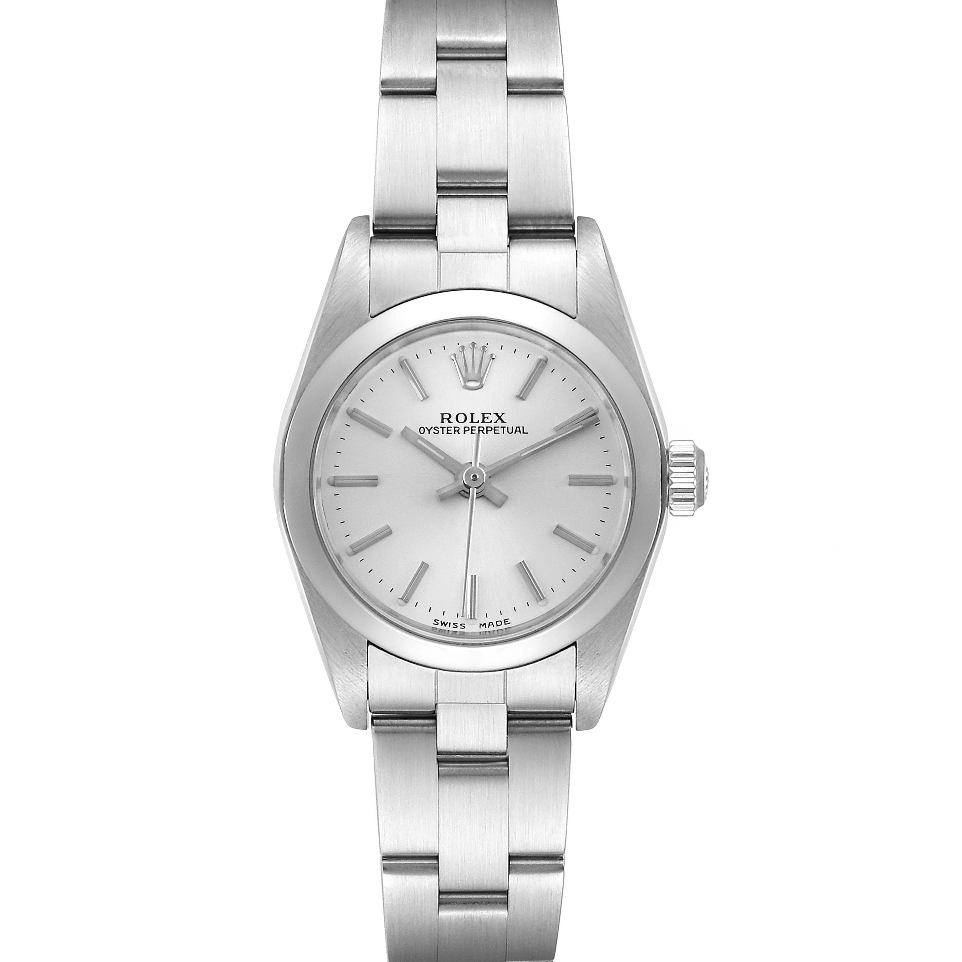 This image shows a front view of a Rolex Oyster Perpetual 76080 Women's Stainless Steel Silver Dial 76080 Women's Stainless Steel Silver Dial watch, displaying the face, case, and part of the bracelet.