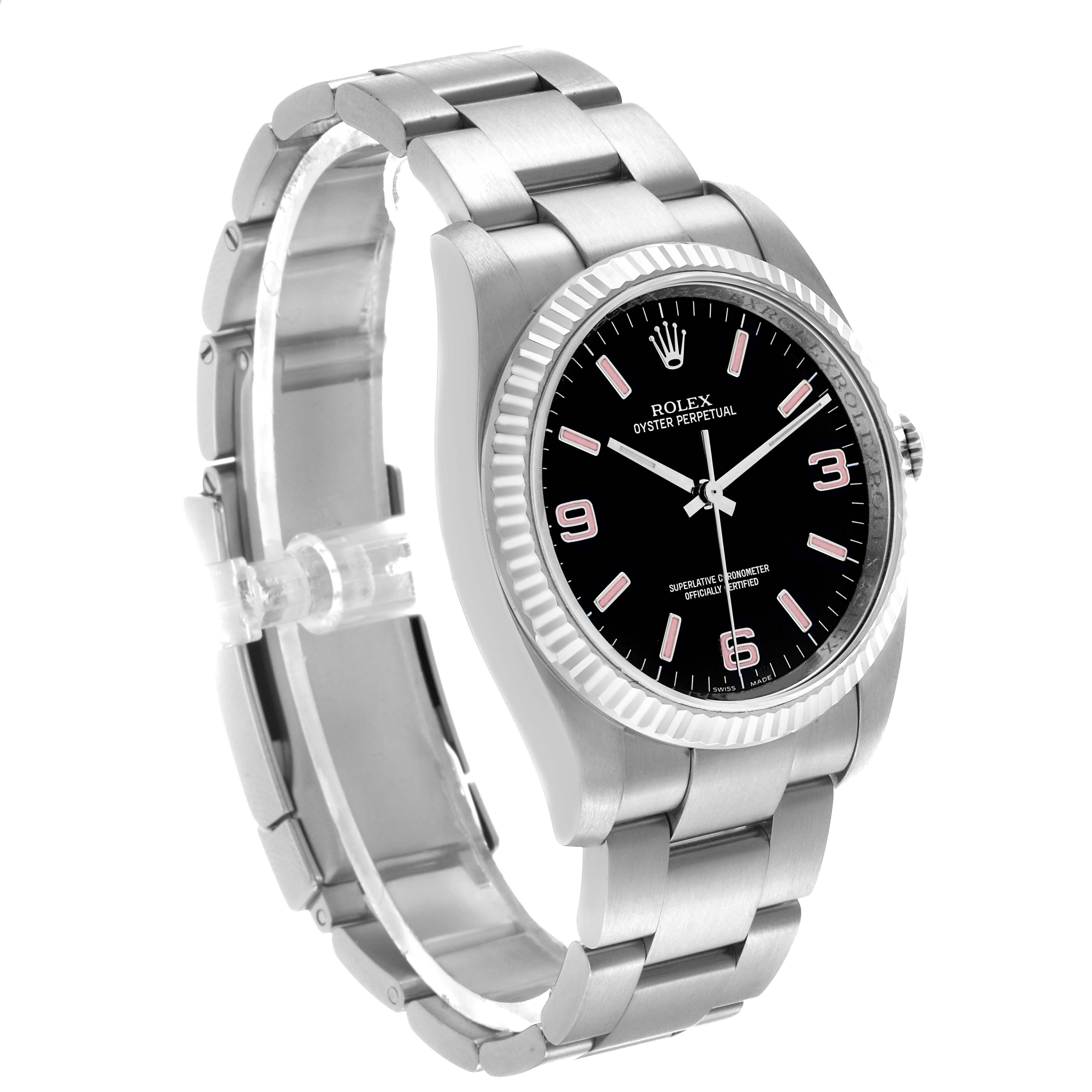 The Rolex Oyster Perpetual 116034 Men's Stainless Steel Black Dial watch is shown at an angled view, highlighting the face, bezel, and part of the bracelet.