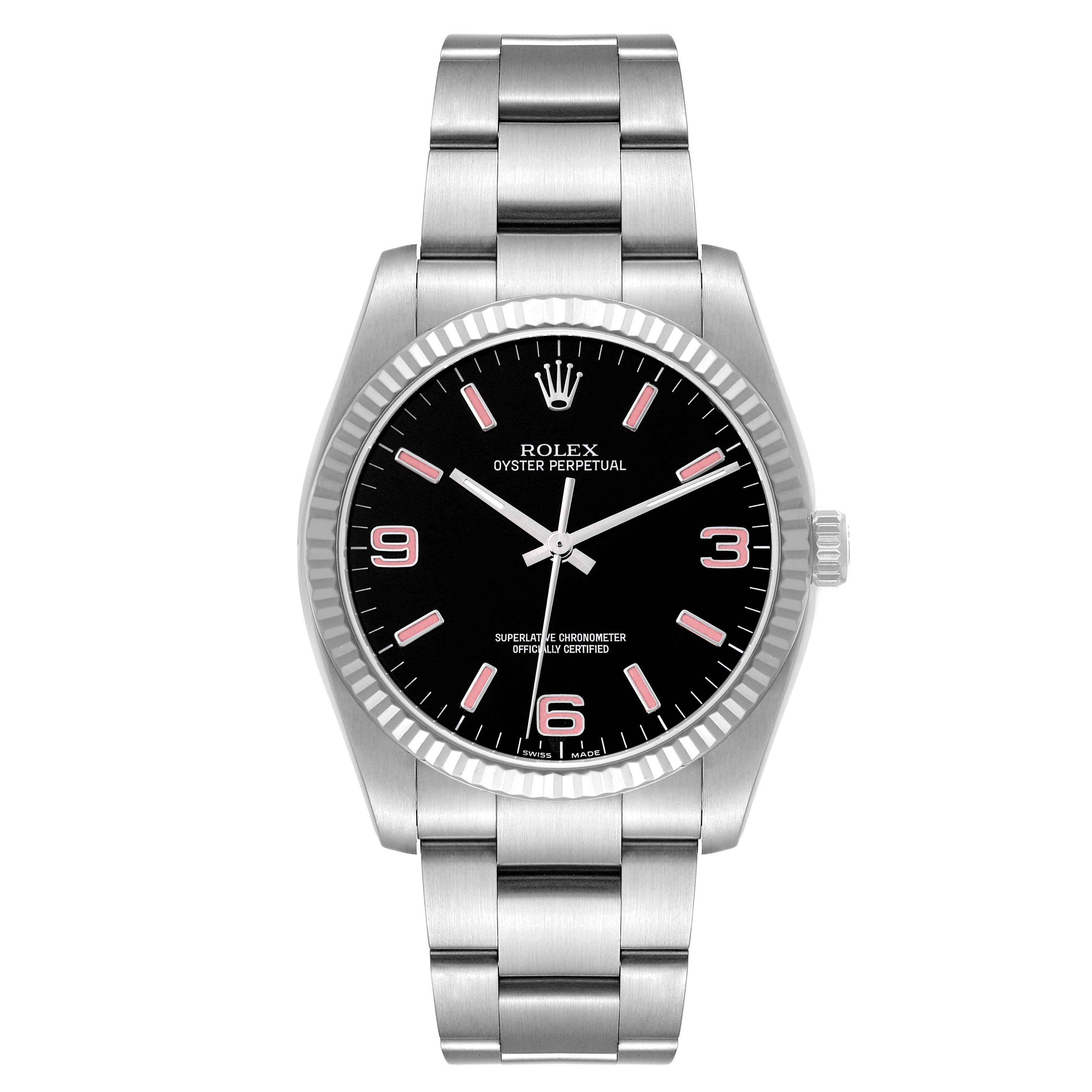 The Rolex Oyster Perpetual 116034 Men's Stainless Steel Black Dial is shown front-facing, displaying the dial, bezel, and bracelet clearly.