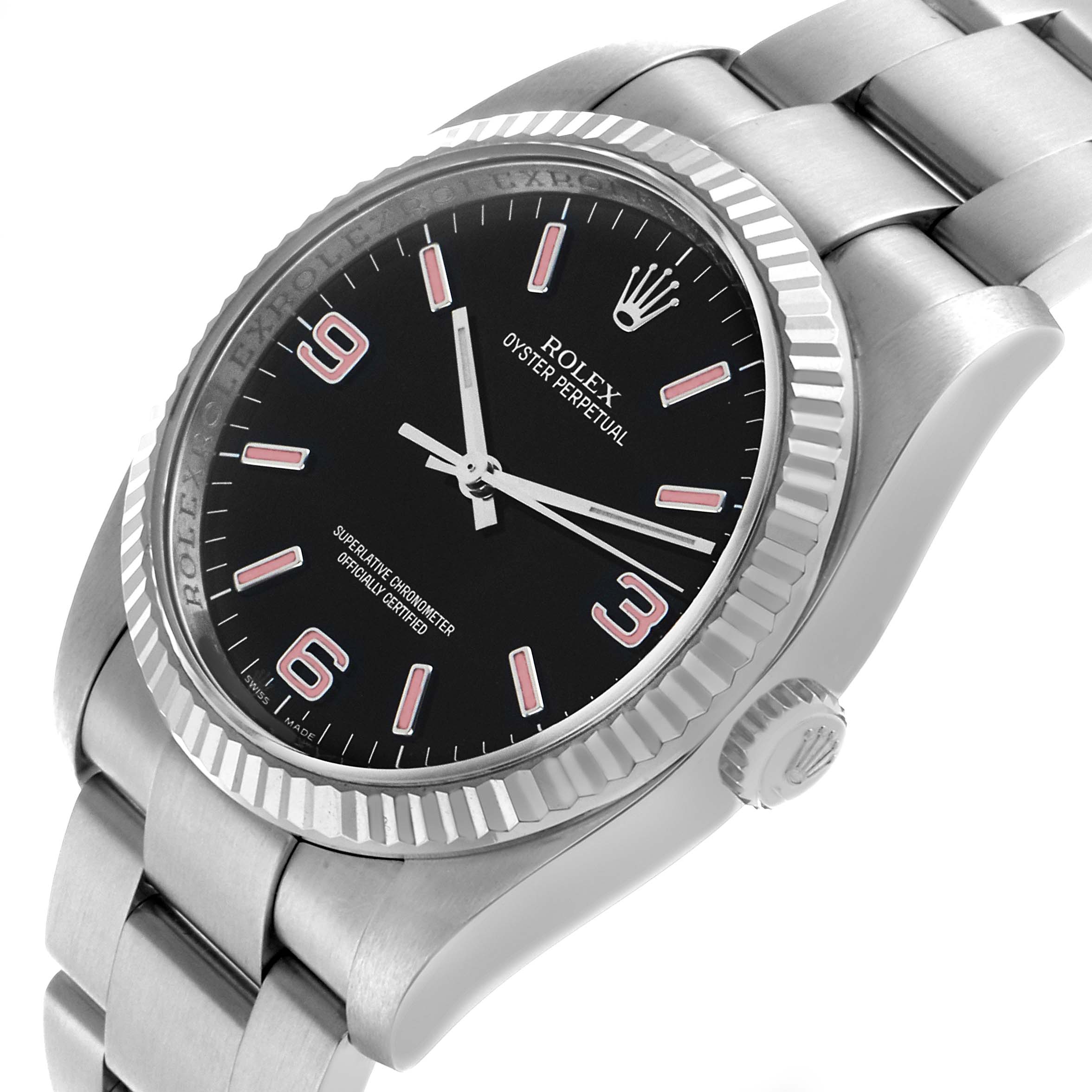 The Rolex Oyster Perpetual 116034 Men's Stainless Steel Black Dial watch is shown at a slight angle, displaying the dial, bezel, crown, and part of the bracelet.