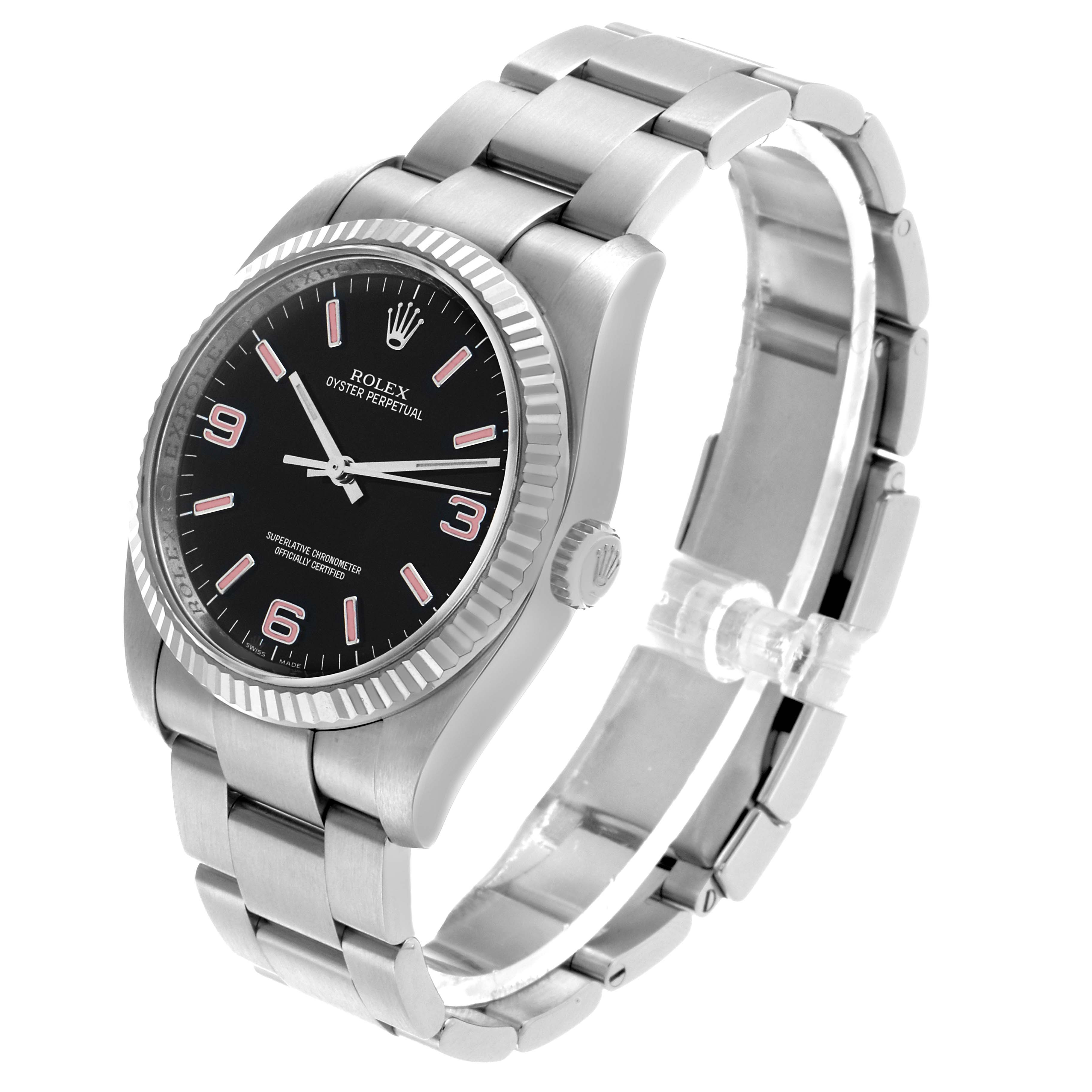 The Rolex Oyster Perpetual 116034 Men's Stainless Steel Black Dial watch is shown at a three-quarter angle, displaying the face, bezel, crown, and bracelet.