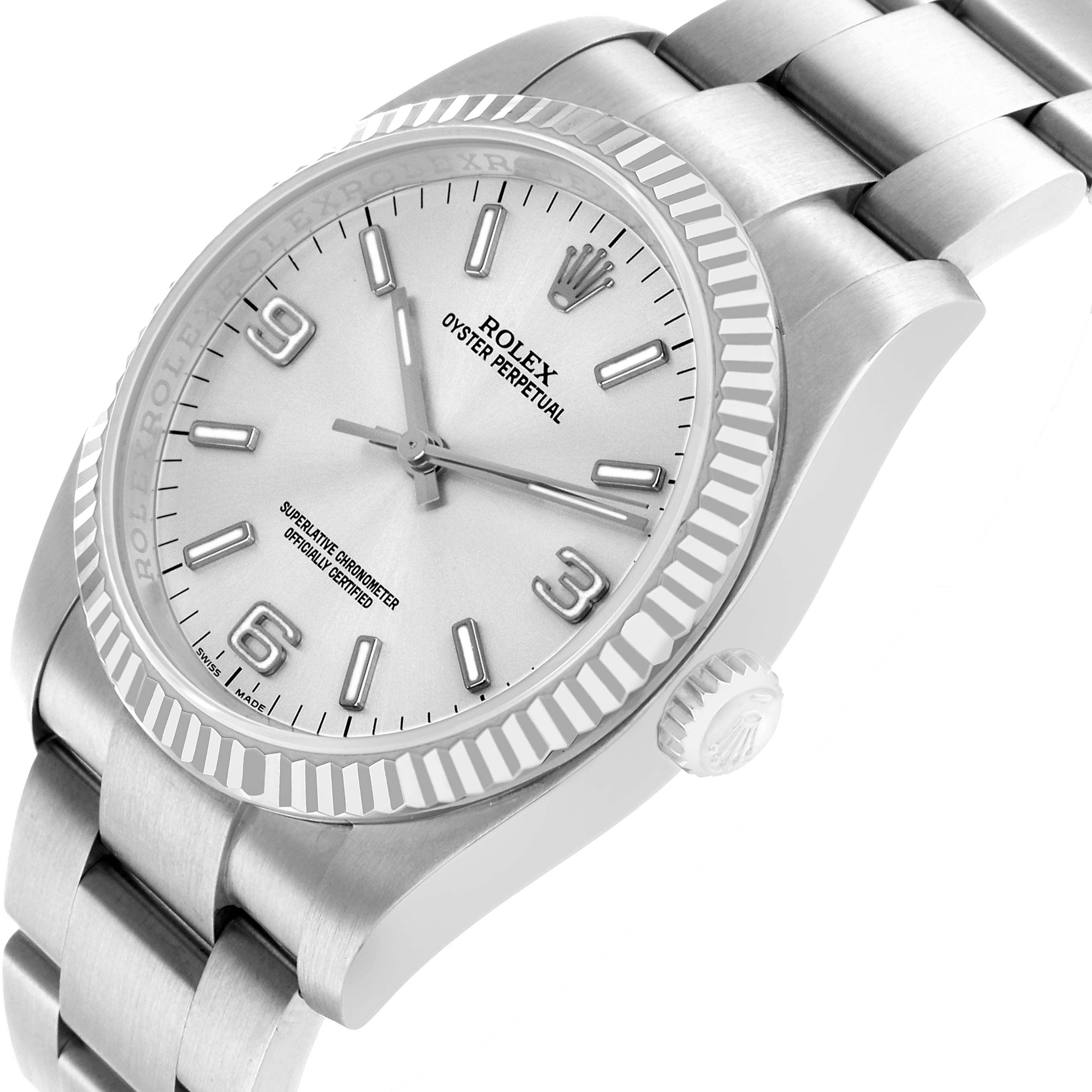 The Rolex Oyster Perpetual 116034 Men's Stainless Steel Silver Dial watch is angled to show the dial, bezel, crown, and part of the bracelet.