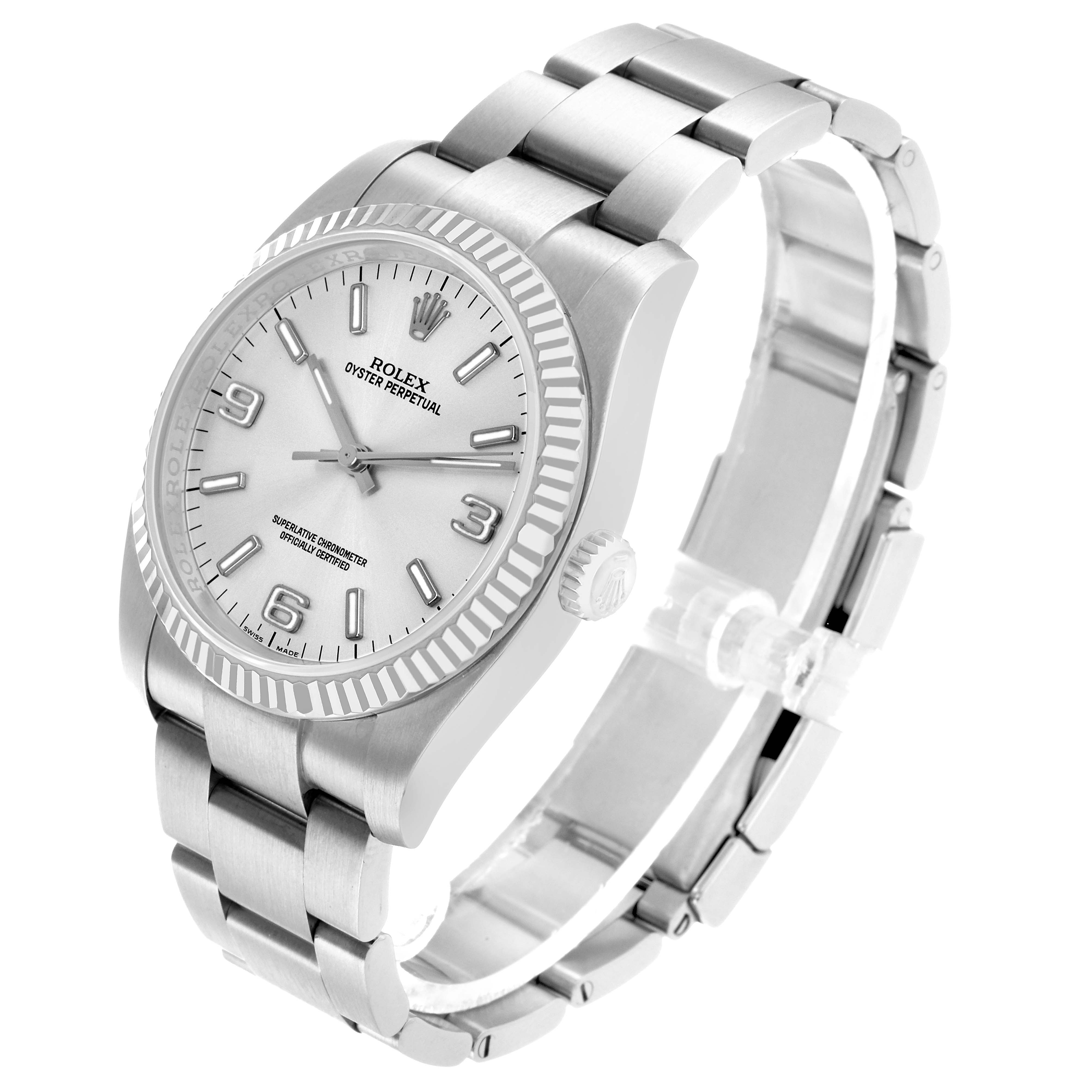 The Rolex Oyster Perpetual 116034 Men's Stainless Steel Silver Dial watch is shown at a three-quarter angle, displaying the face, bezel, and bracelet.