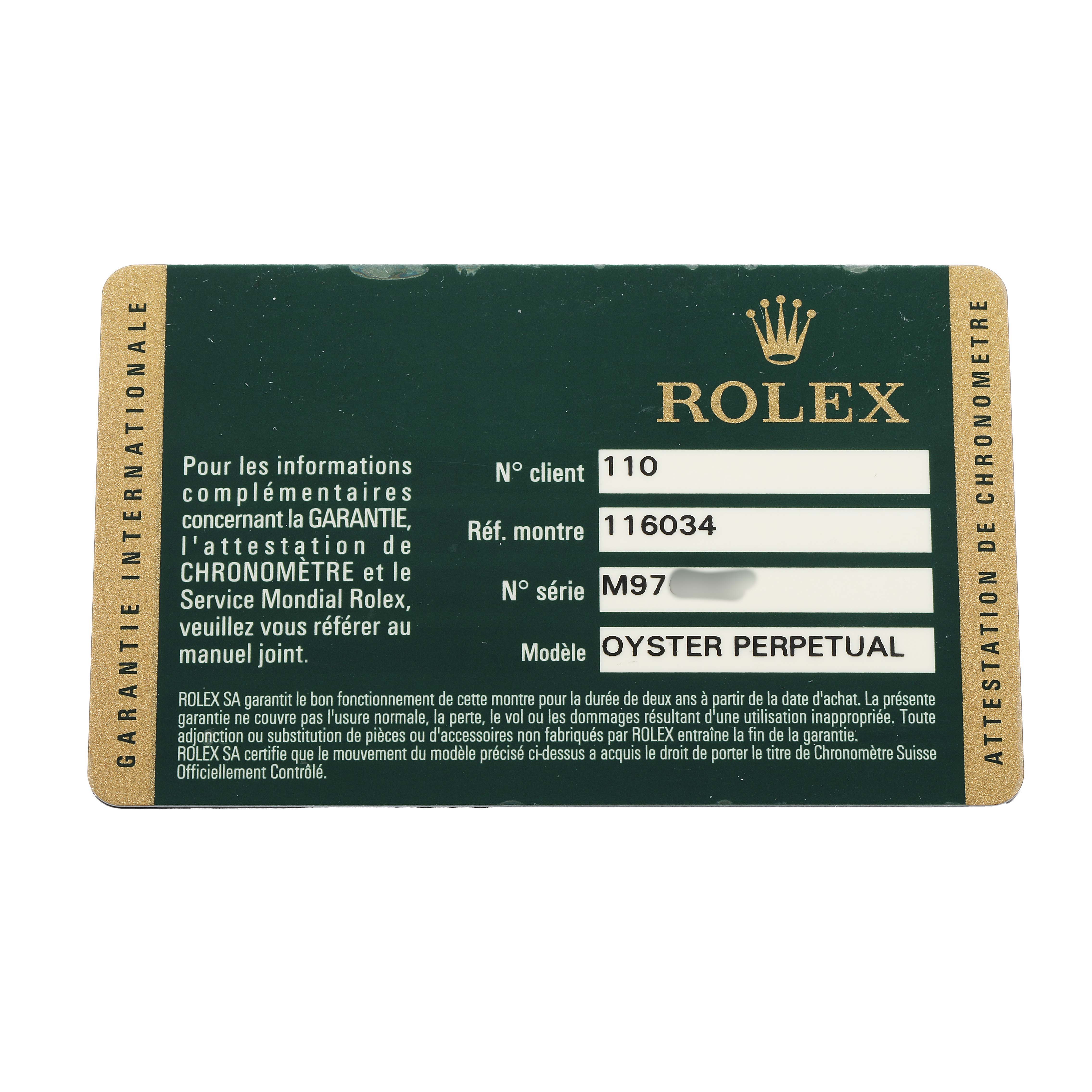 The image shows a Rolex warranty card for the Oyster Perpetual model, displaying client, reference, and series numbers.