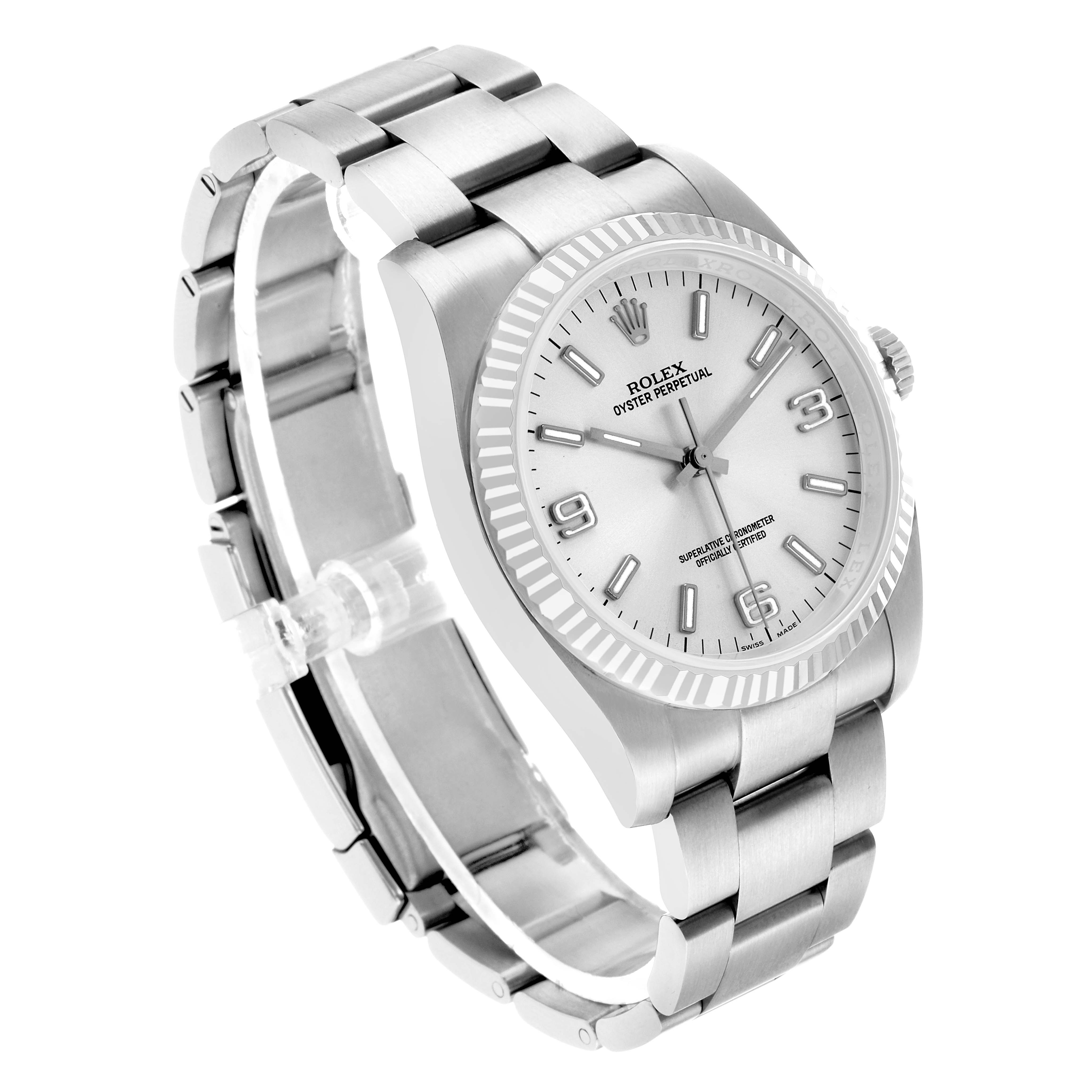 The Rolex Oyster Perpetual 116034 Men's Stainless Steel Silver Dial watch is shown at an angled view, highlighting the bracelet, bezel, and face.