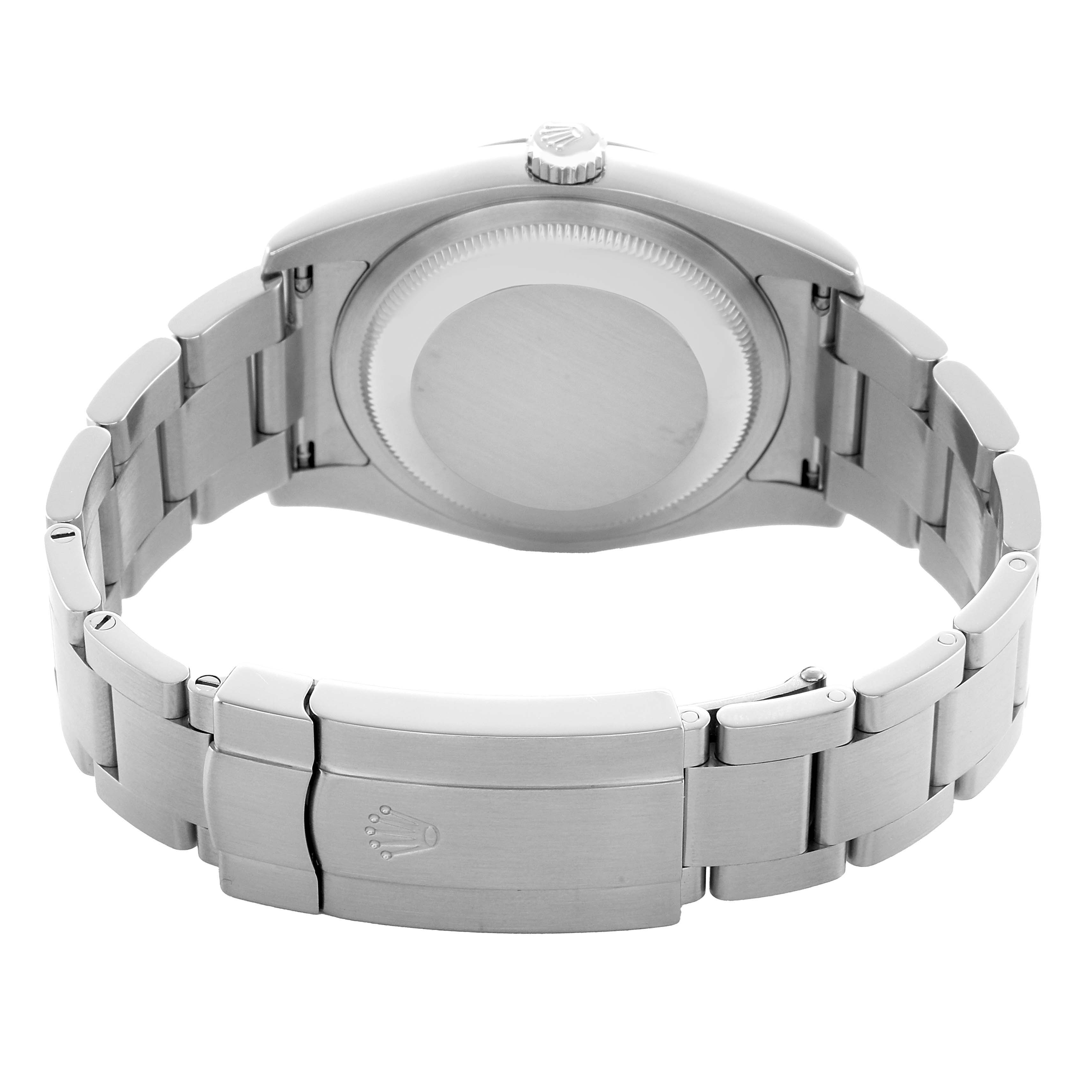 The image shows the back and bracelet of a Rolex Oyster Perpetual 116034 Men's Stainless Steel Silver Dial, highlighting the clasp and case back.