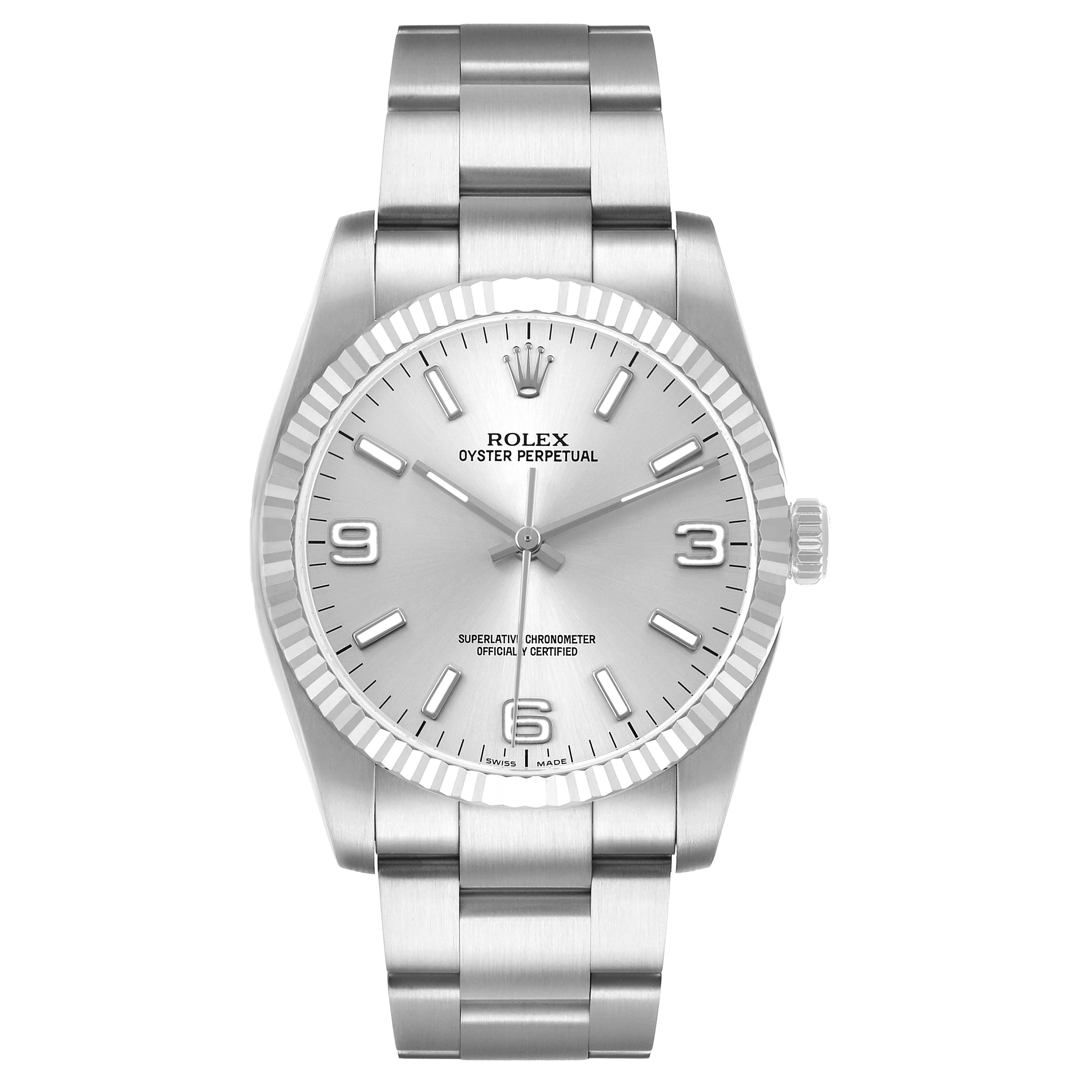 The Rolex Oyster Perpetual 116034 Men's Stainless Steel Silver Dial watch is shown from the front, highlighting the dial, bezel, crown, and bracelet.