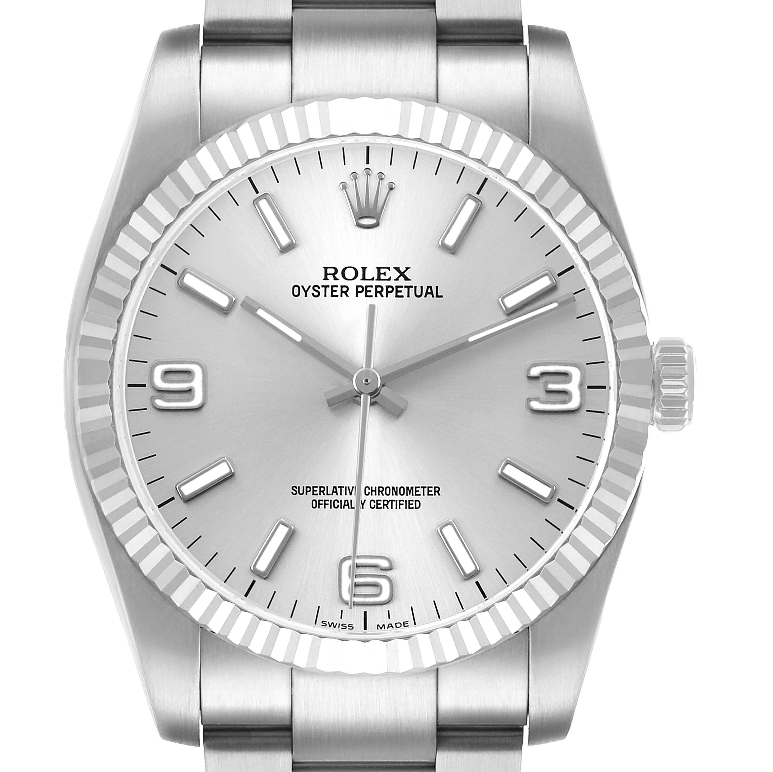 The Rolex Oyster Perpetual 116034 Men's Stainless Steel Silver Dial watch is shown from a front angle, highlighting the dial, bezel, and part of the bracelet.