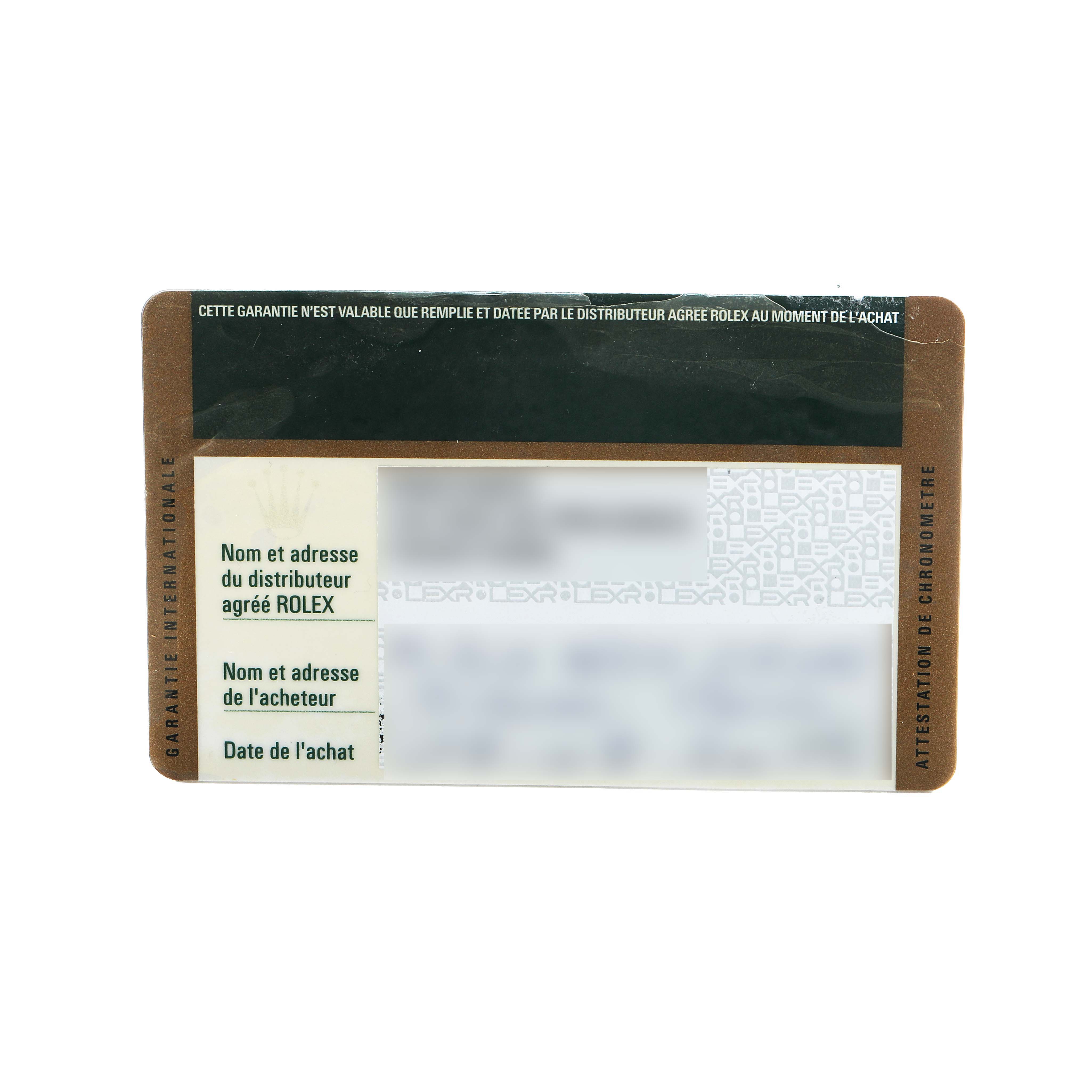 The image shows a warranty card for a Rolex Oyster Perpetual 116034 Men's Stainless Steel Silver Dial, detailing the distributor and purchase information.