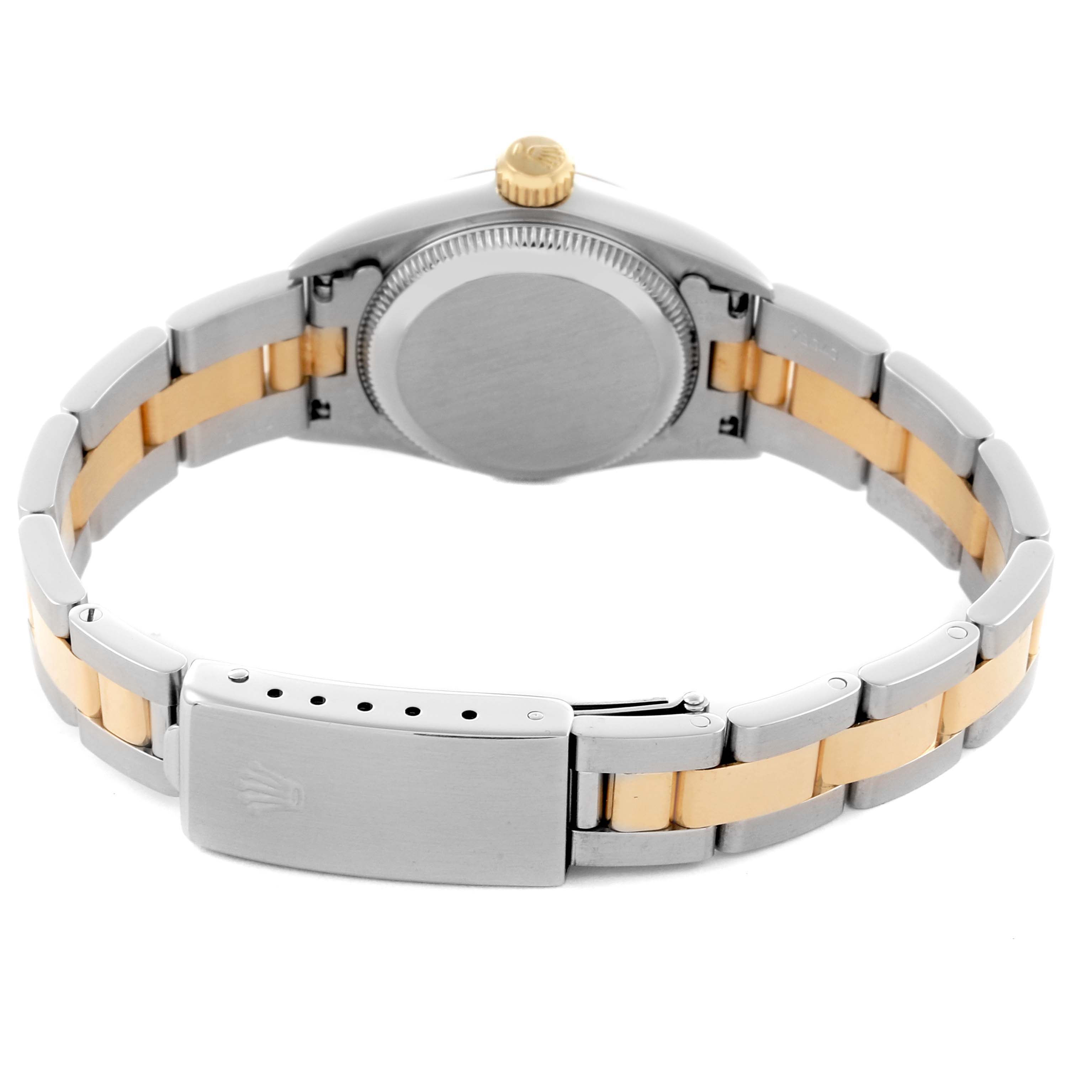 This image shows the back view of a Rolex Oyster Perpetual 67193 Women's Steel and Gold (two tone) Champagne Dial 67193 Women's Steel and Gold (two tone) Champagne Dial watch, highlighting the bracelet and clasp.