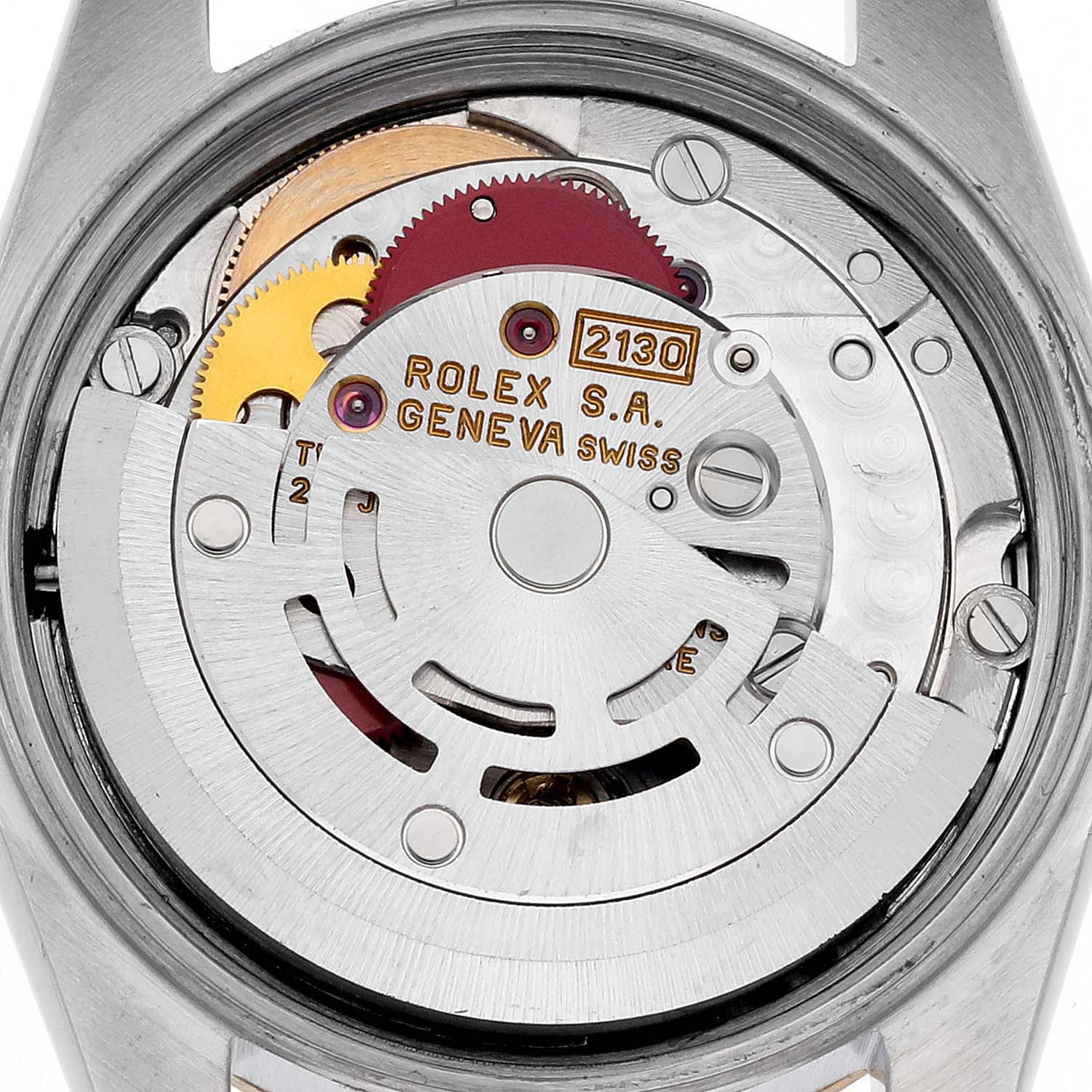 The image shows the internal mechanism and movement of the Rolex Oyster Perpetual 67193 Women's Steel and Gold (two tone) Champagne Dial 67193 Women's Steel and Gold (two tone) Champagne Dial watch from a close-up, top-down angle.