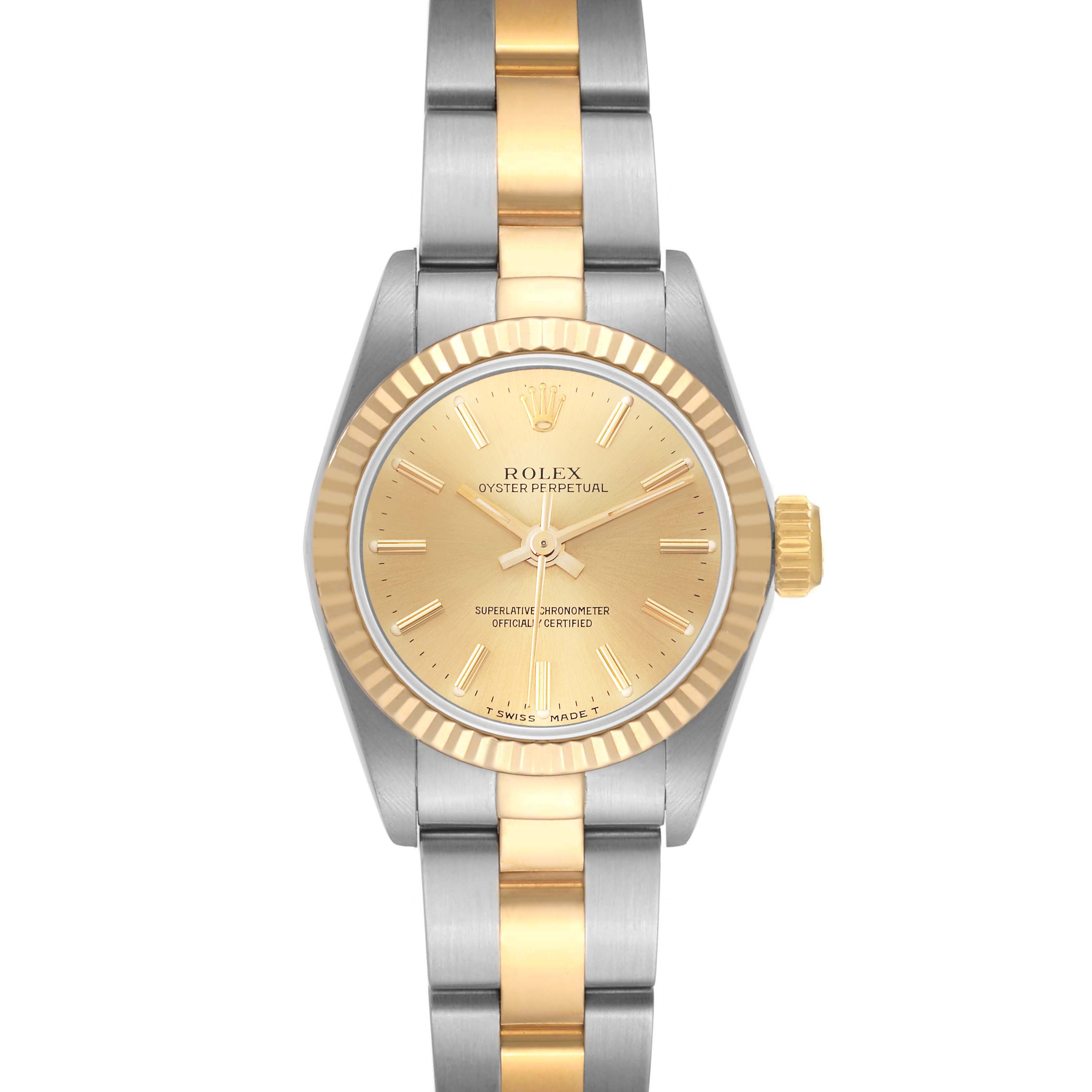 The Rolex Oyster Perpetual 67193 Women's Steel and Gold (two tone) Champagne Dial 67193 Women's Steel and Gold (two tone) Champagne Dial watch is shown from a front angle, displaying the full face and bracelet.