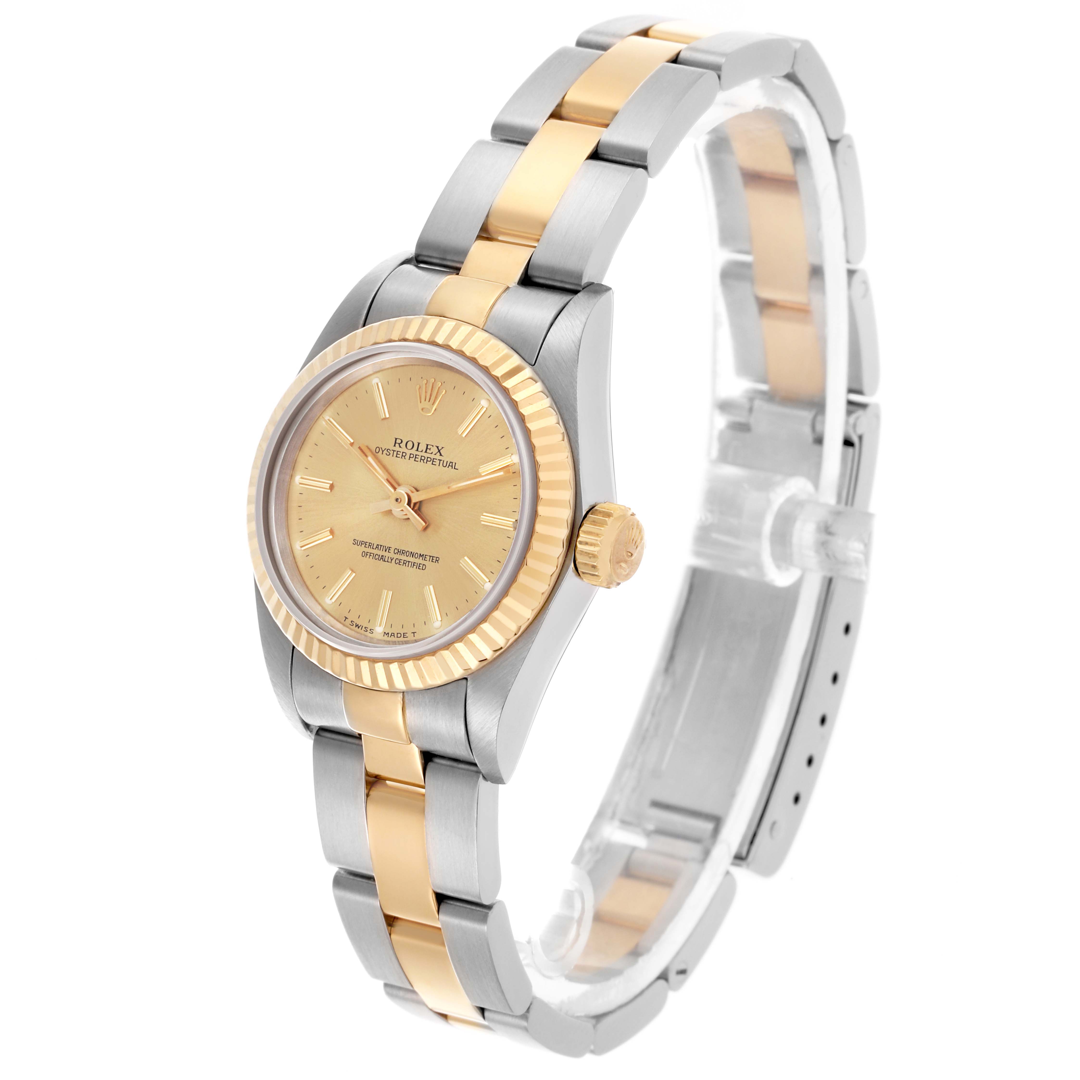 The image shows a Rolex Oyster Perpetual 67193 Women's Steel and Gold (two tone) Champagne Dial 67193 Women's Steel and Gold (two tone) Champagne Dial watch at a three-quarter angle, showcasing its two-tone bracelet and dial.