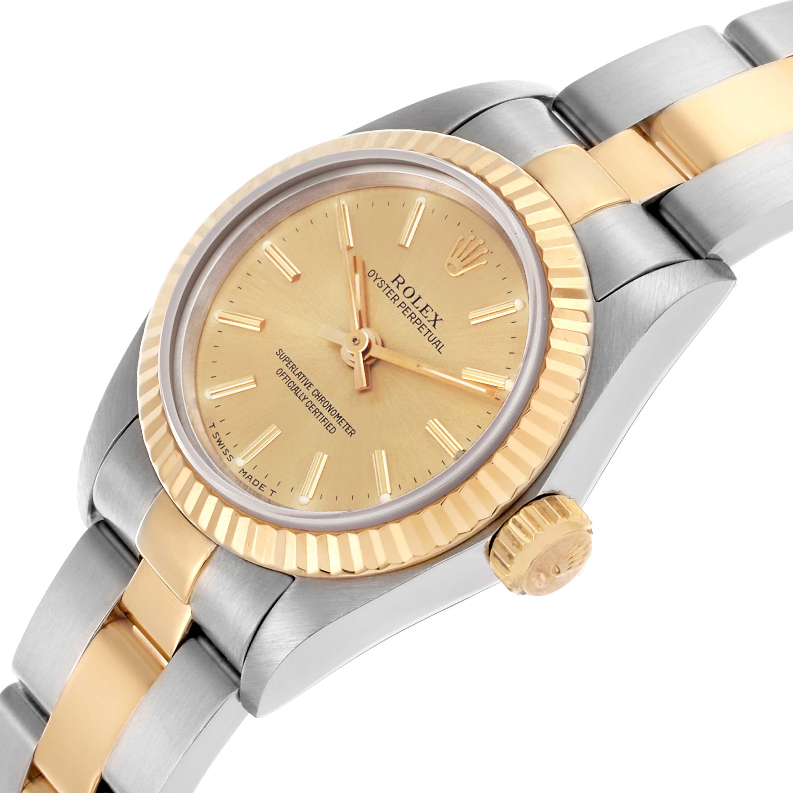 The Rolex Oyster Perpetual 67193 Women's Steel and Gold (two tone) Champagne Dial 67193 Women's Steel and Gold (two tone) Champagne Dial watch is shown at a slight angle, highlighting the dial, bezel, and part of the bracelet.