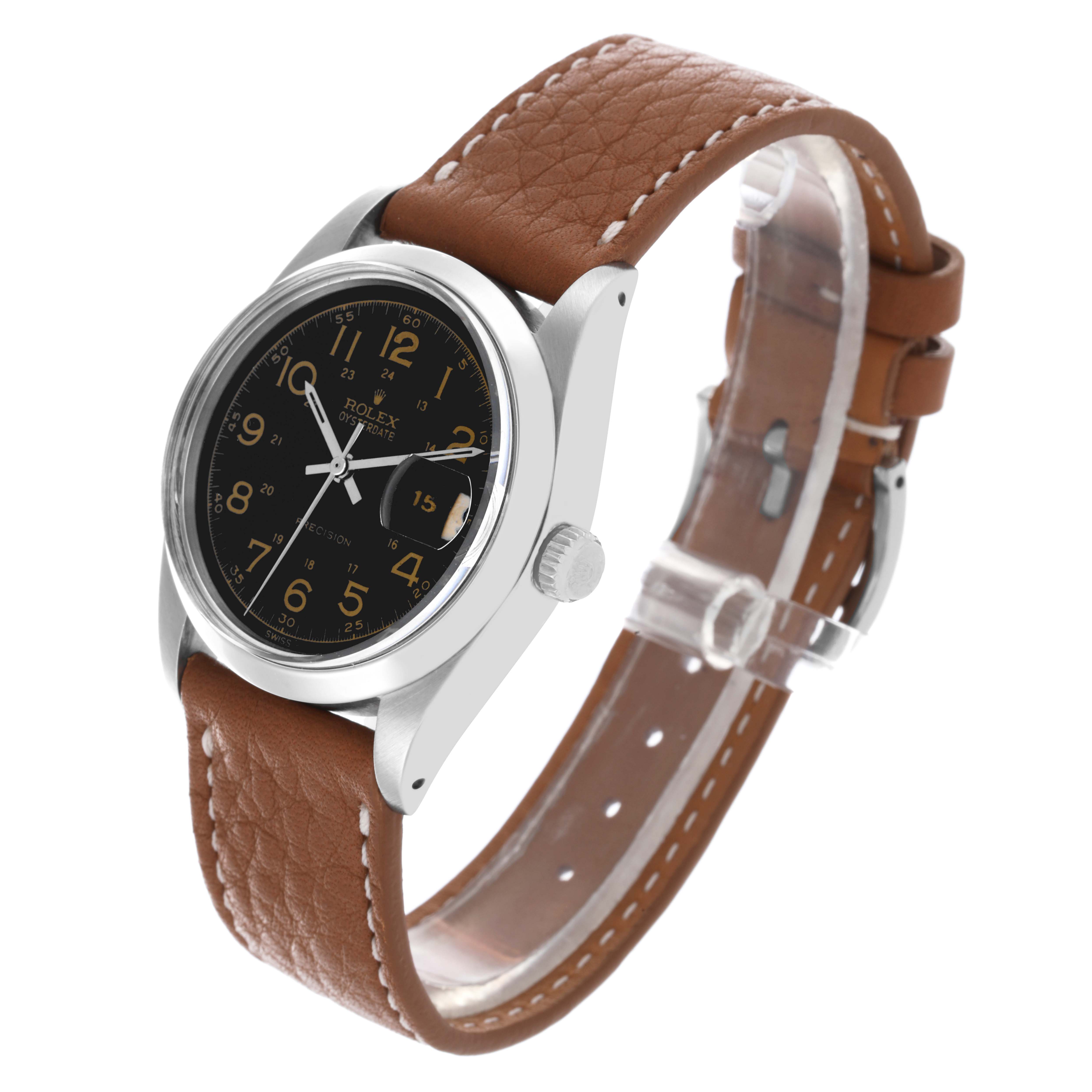 The Rolex Vintage Collection 6694 Men's Stainless Steel Black Dial 6694 Men's Stainless Steel Black Dial watch is shown at an angled side view, displaying the face, bezel, crown, and leather strap.