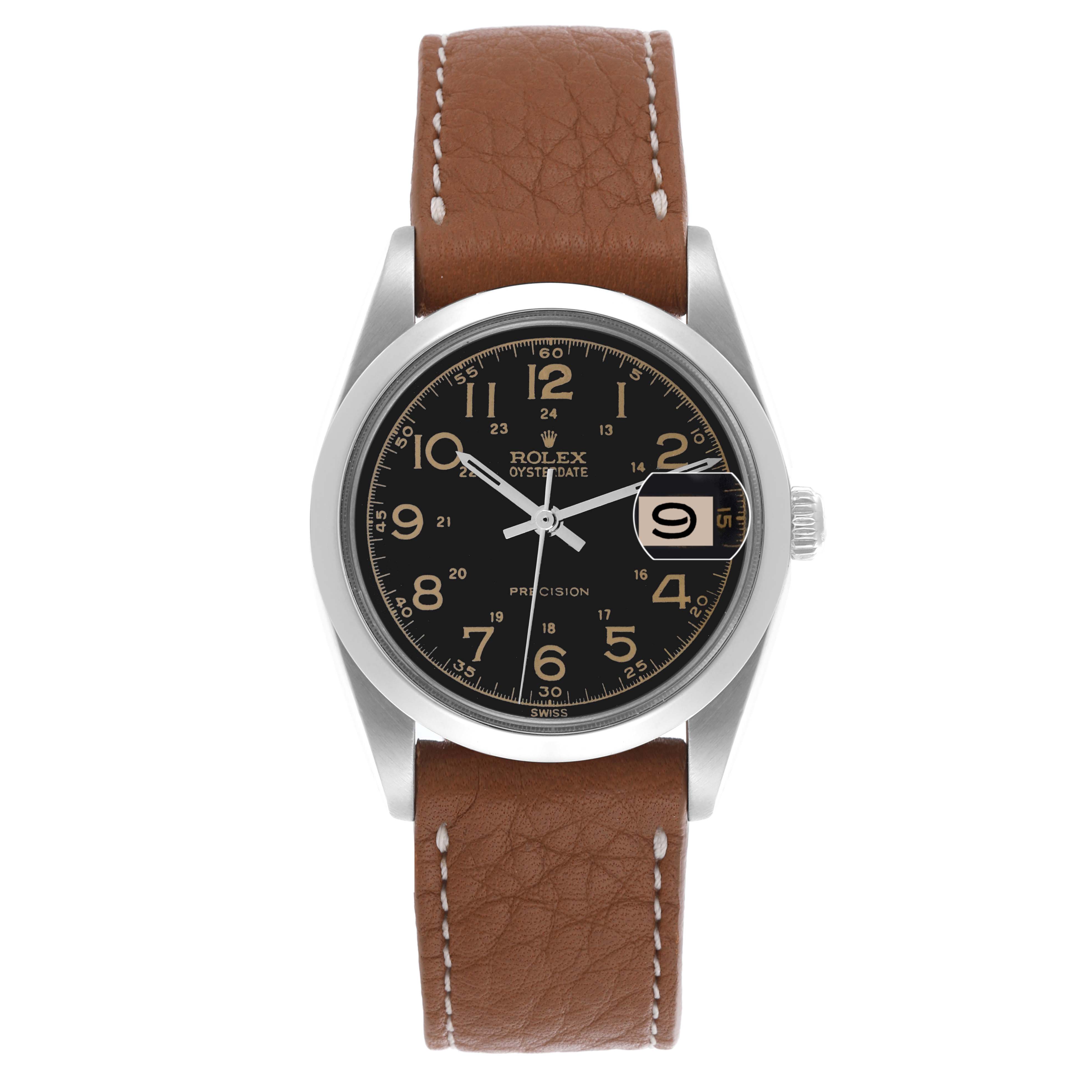 The Rolex Vintage Collection 6694 Men's Stainless Steel Black Dial 6694 Men's Stainless Steel Black Dial watch is shown from a straight-on angle, displaying the face, bezel, and brown leather strap.