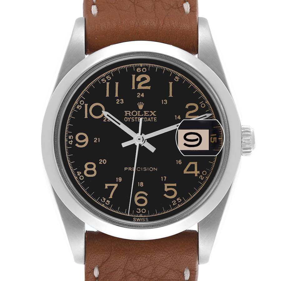 The Rolex Vintage Collection watch is shown from a front angle, displaying the dial, bezel, and crown, with a brown leather strap.