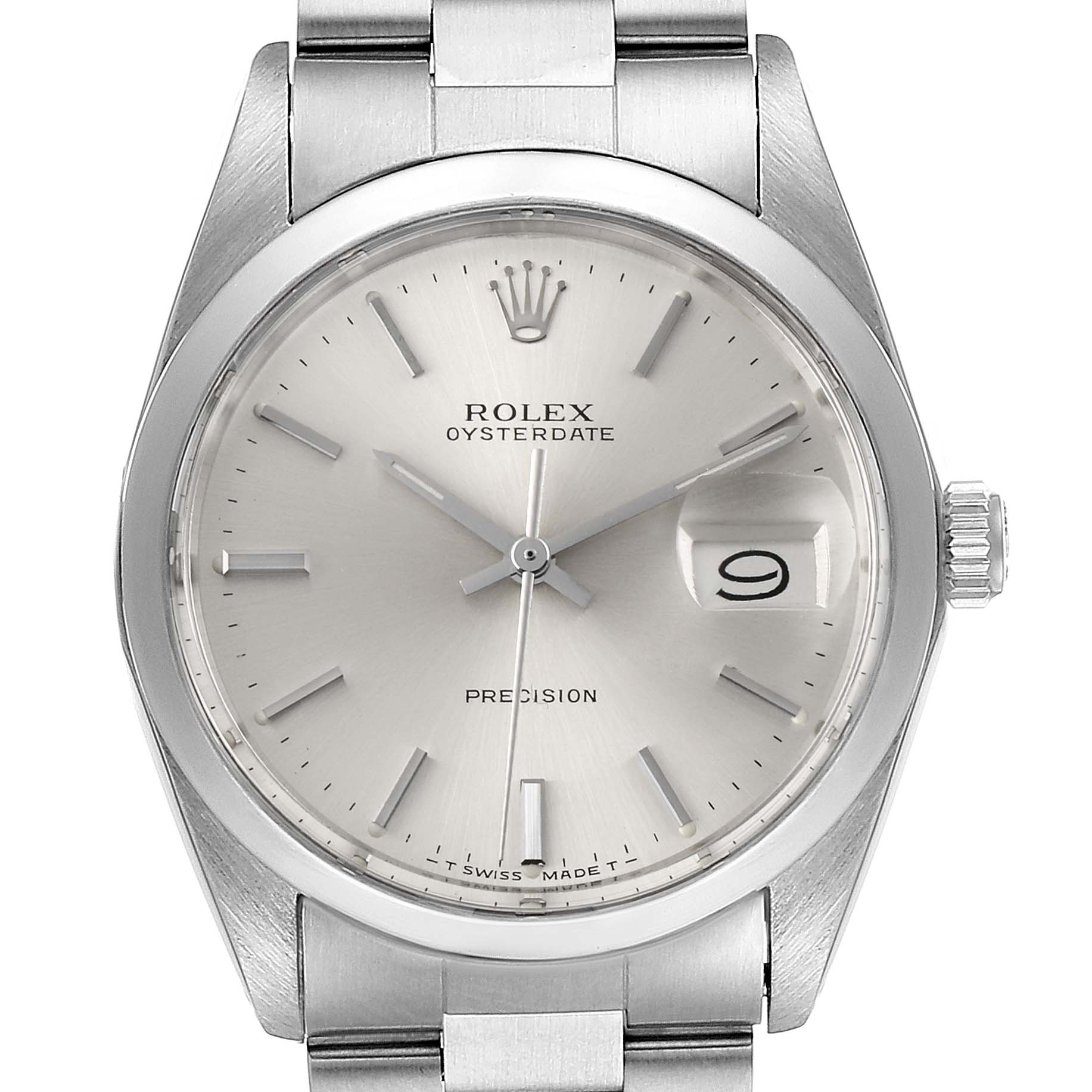 The image shows a frontal view of the Rolex Vintage Collection 6694 Men
s Stainless Steel Silver Dial 6694 Men
s Stainless Steel Silver Dial Oysterdate Precision watch, highlighting the dial, hands, and bracelet.