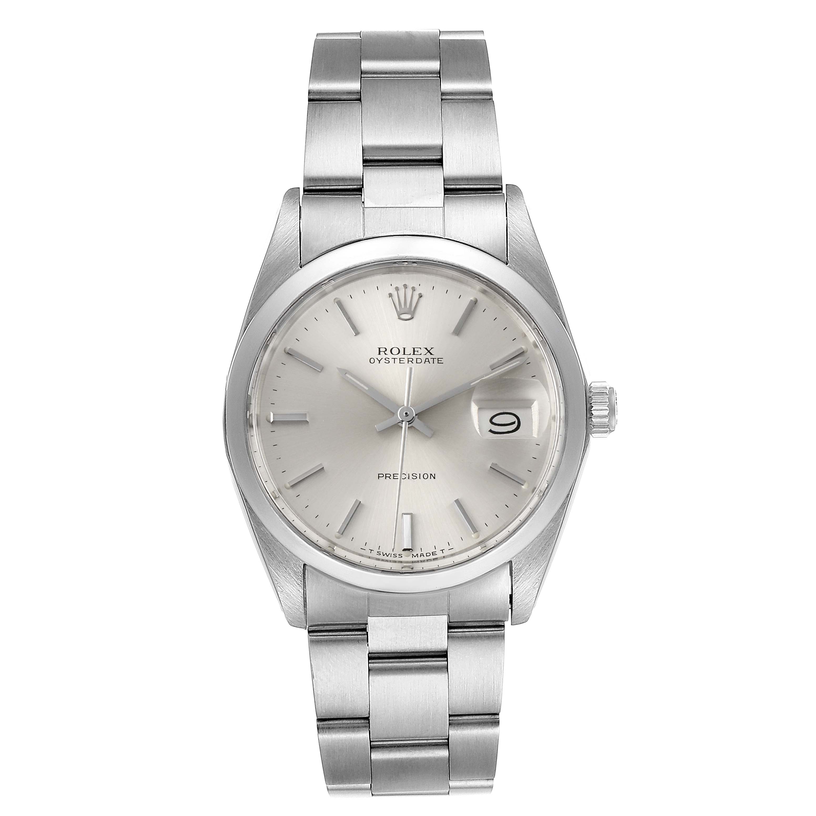 This is a front view of the Rolex Vintage Collection 6694 Men
s Stainless Steel Silver Dial 6694 Men
s Stainless Steel Silver Dial watch, showing the dial, case, and stainless steel bracelet.