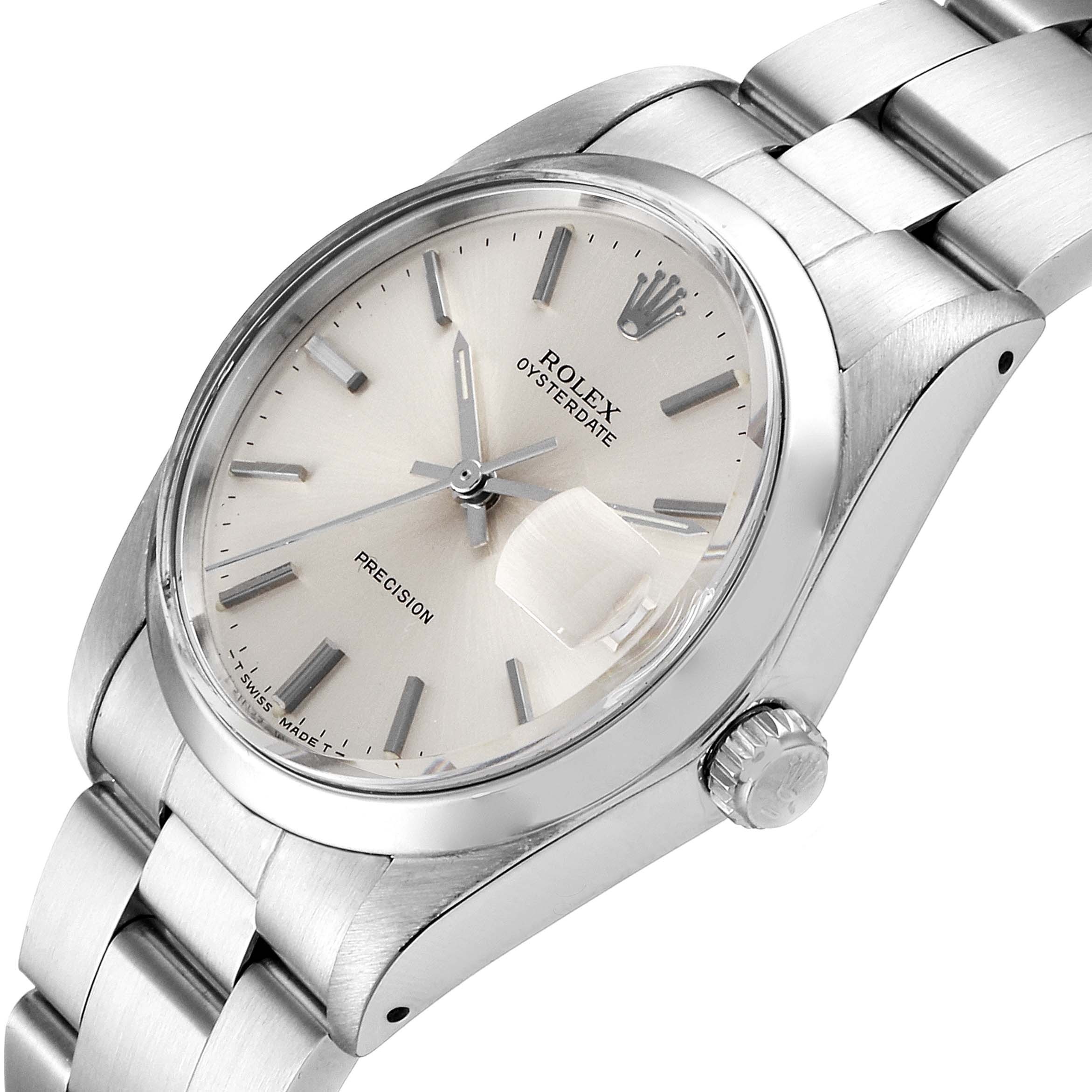 This image shows a close-up angle of the Rolex Vintage Collection 6694 Men
s Stainless Steel Silver Dial 6694 Men
s Stainless Steel Silver Dial Oysterdate watch, highlighting its face, crown, and part of the bracelet.