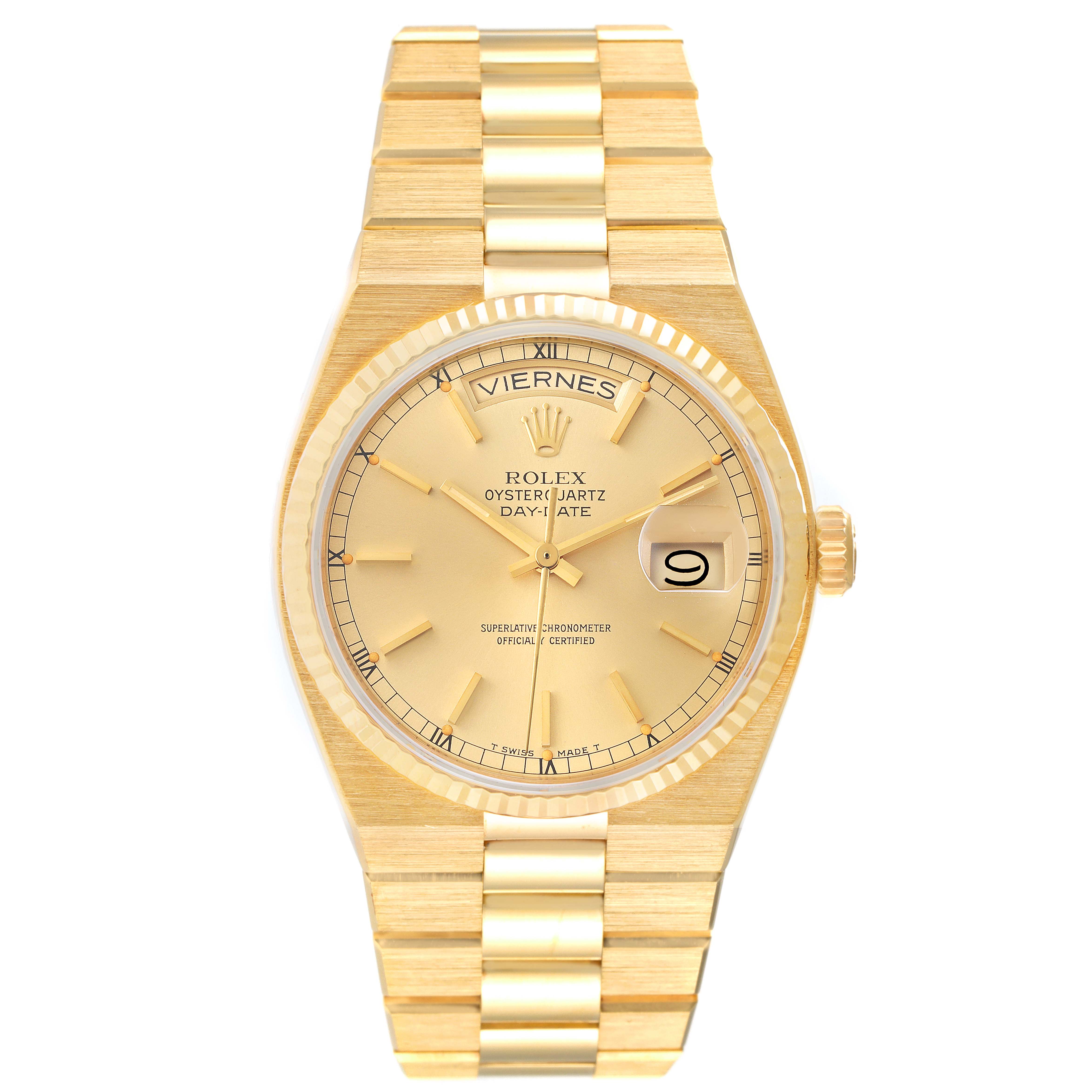 The image shows a front view of a Rolex President 19018 Men
s Yellow Gold Champagne Dial 19018 Men
s Yellow Gold Champagne Dial Oysterquartz Day-Date watch, displaying the dial, bracelet, and crown.