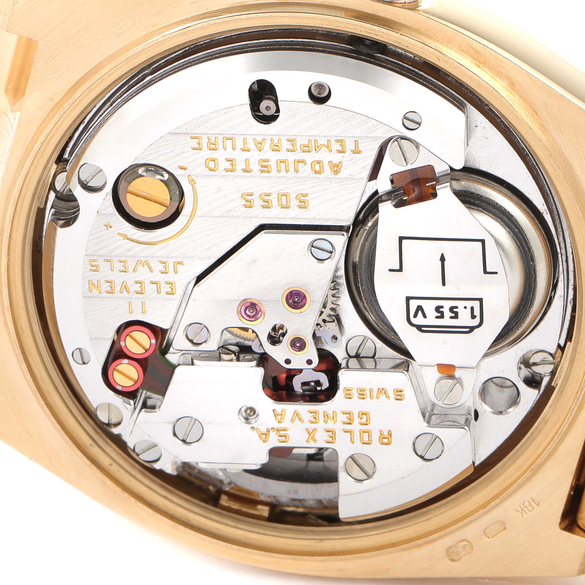 This image shows the internal mechanism and components of a Rolex President 19018 Men
s Yellow Gold Champagne Dial 19018 Men
s Yellow Gold Champagne Dial model watch.