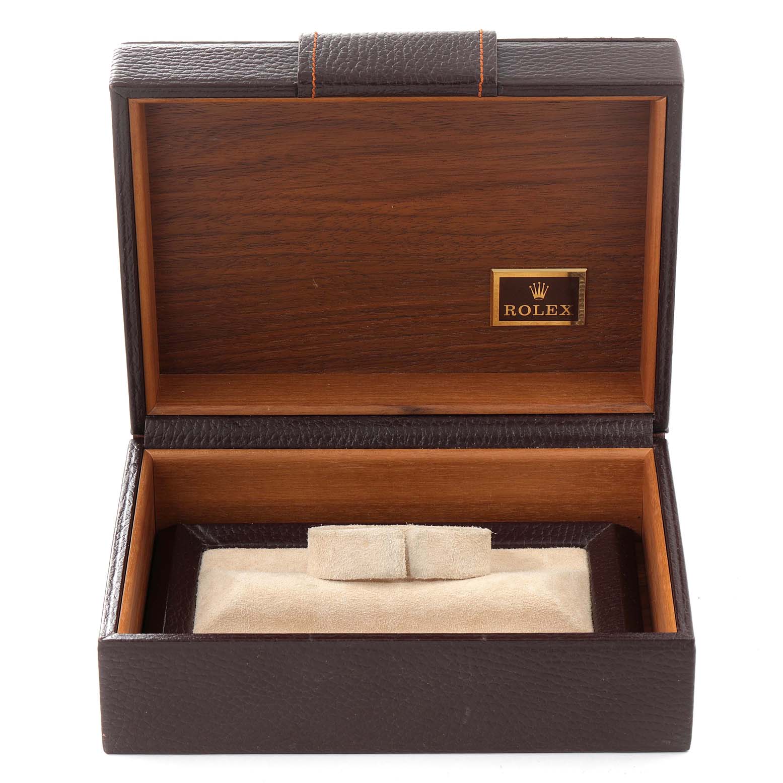 The image shows an open Rolex President 19018 Men
s Yellow Gold Champagne Dial 19018 Men
s Yellow Gold Champagne Dial model watch box, displaying its interior and a cushioned holder.