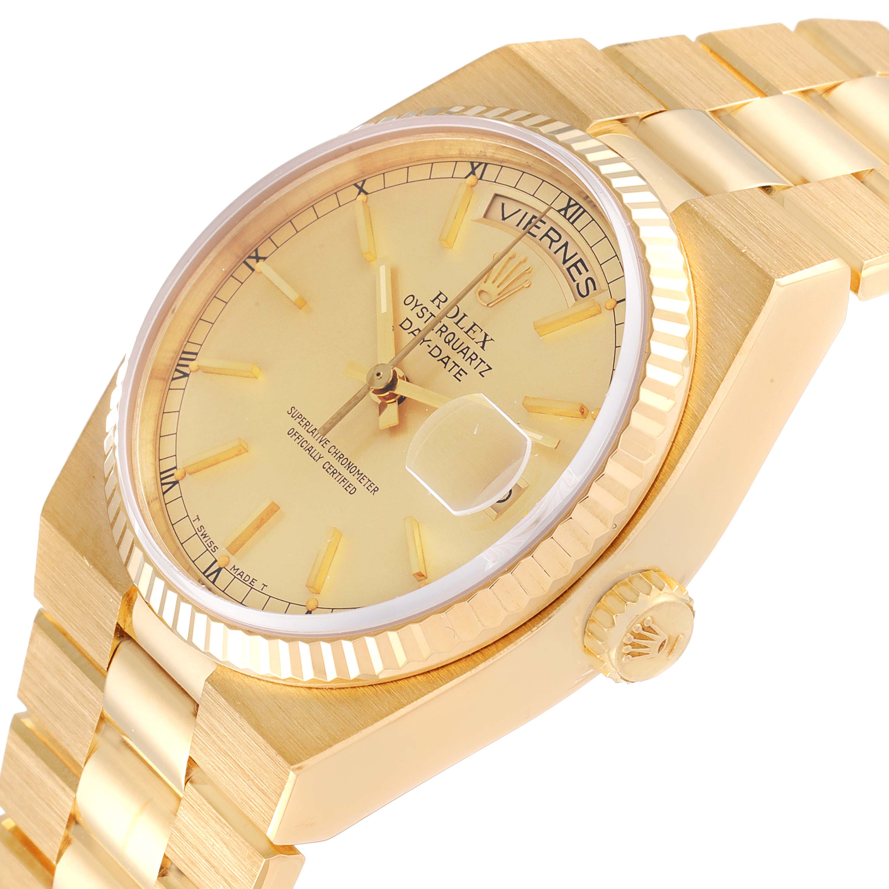 The image shows a close-up angle of the Rolex President 19018 Men
s Yellow Gold Champagne Dial 19018 Men
s Yellow Gold Champagne Dial model watch, focusing on the dial, bezel, and bracelet.