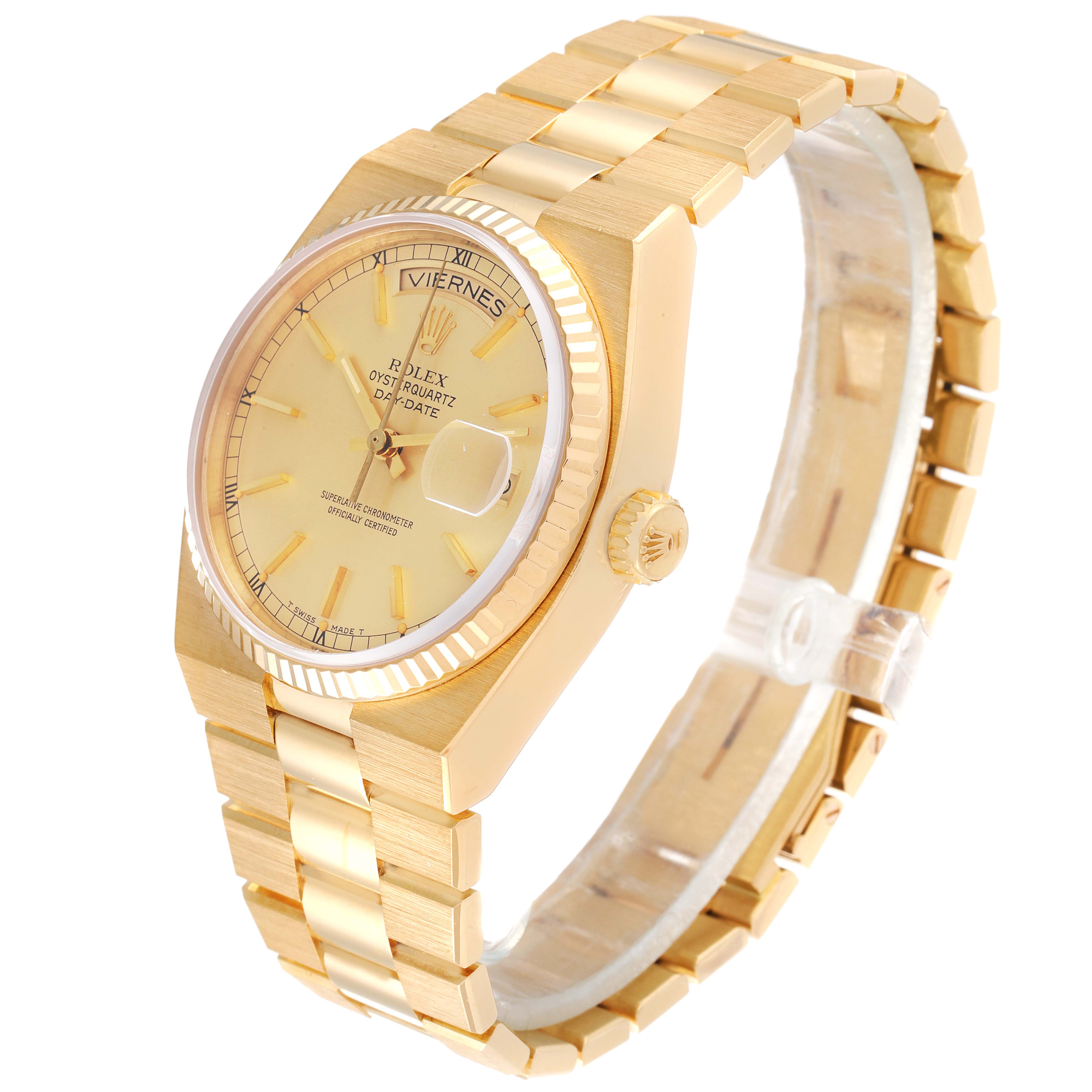 The Rolex President 19018 Men
s Yellow Gold Champagne Dial 19018 Men
s Yellow Gold Champagne Dial model is shown at a slight angle, displaying its gold case, bracelet, bezel, and day-date dial clearly.
