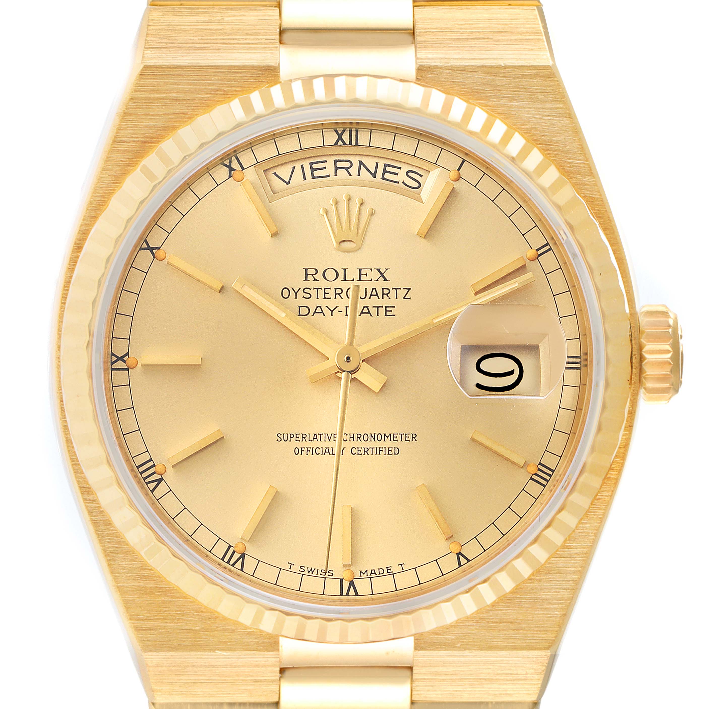 This image shows a close-up front view of the Rolex President 19018 Men
s Yellow Gold Champagne Dial 19018 Men
s Yellow Gold Champagne Dial Oysterquartz Day-Date watch, highlighting the dial, hands, and date window.