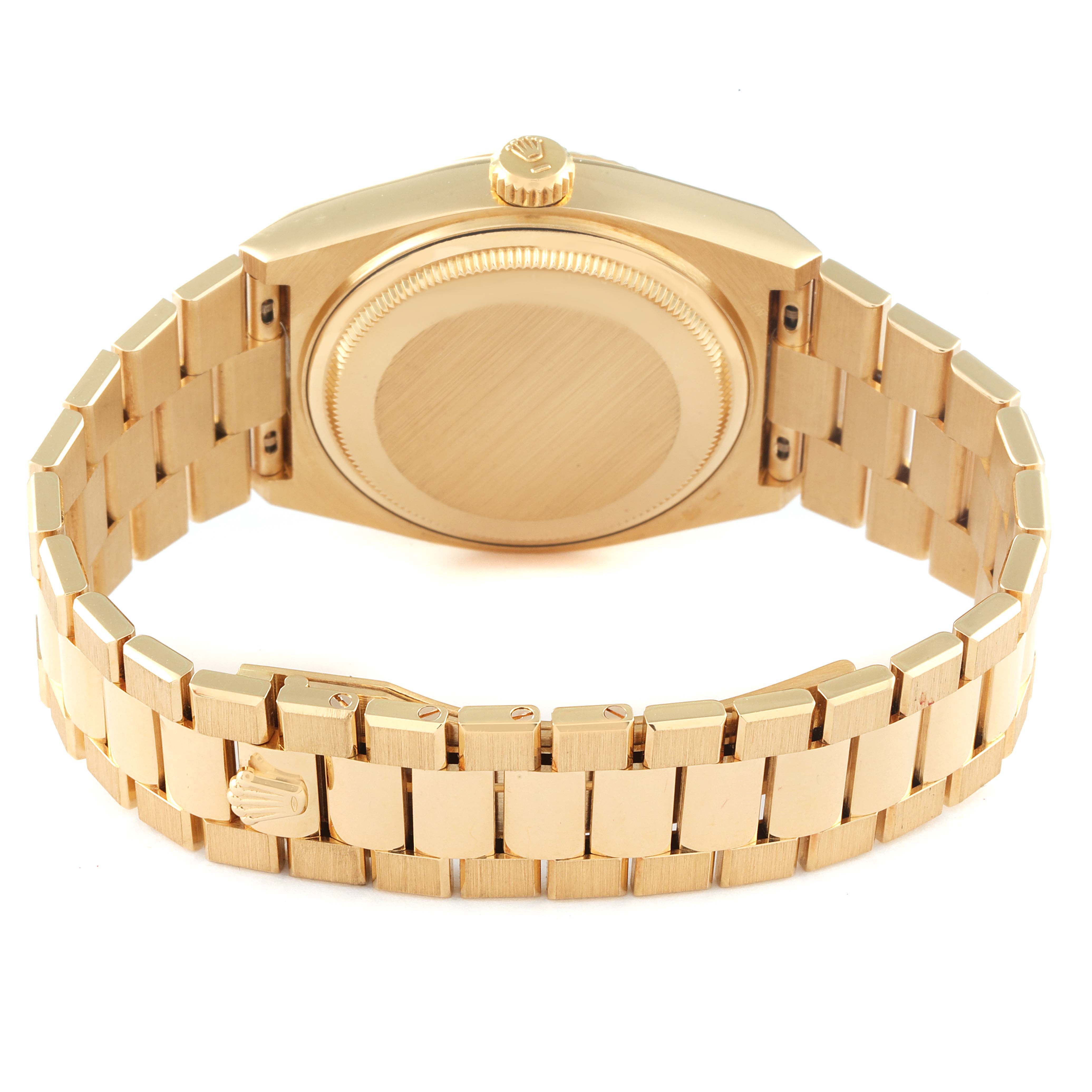 The image shows the back of a Rolex President 19018 Men
s Yellow Gold Champagne Dial 19018 Men
s Yellow Gold Champagne Dial model watch, including the case back and a detailed view of the bracelet.