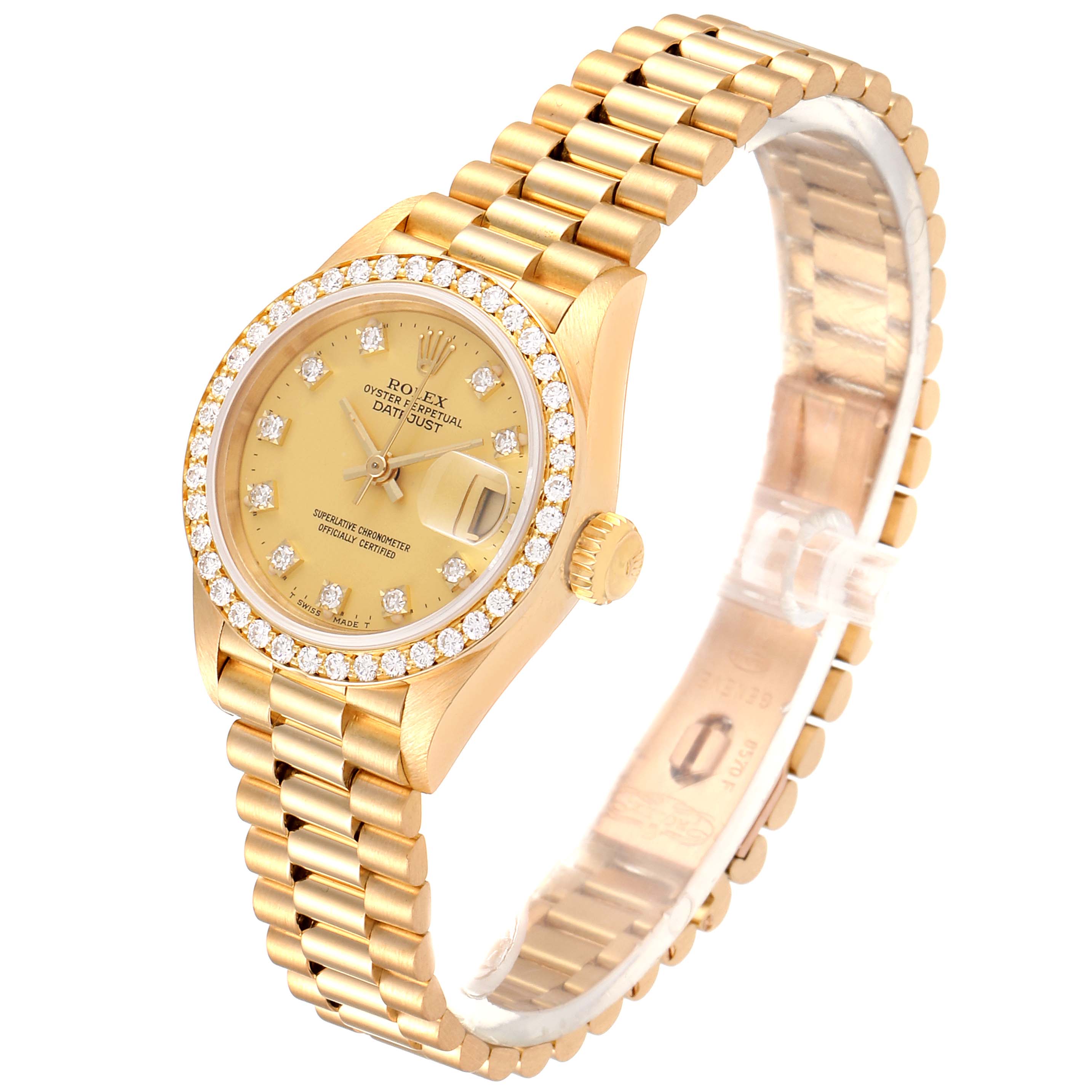 The image shows a Rolex President 69138 Women
s Yellow Gold Champagne Dial 69138 Women
s Yellow Gold Champagne Dial model watch angled slightly to display the face, bezel, and bracelet.